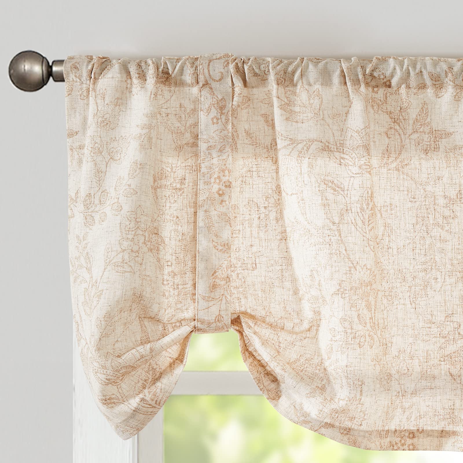 Linen Floral Farmhouse Valance Curtains - 18 Inch Rod Pocket Window Treatments for Kitchen, Living Room, Bathroom & Bedroom - Country Style Cafe Curtains in Taupe on Beige | Perfect for Farmhouse Decor, Cottage Style Homes & Cozy Small Spaces