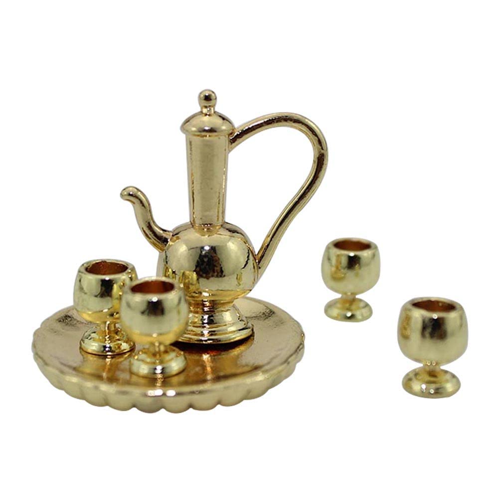 1:12 Miniature Tea Set - Glossy Dollhouse Cups, Kettle & Plates - Golden Color Simulation Model for Dolls - Perfect for Dollhouse Decor, Tea Party Scenes & Collectors