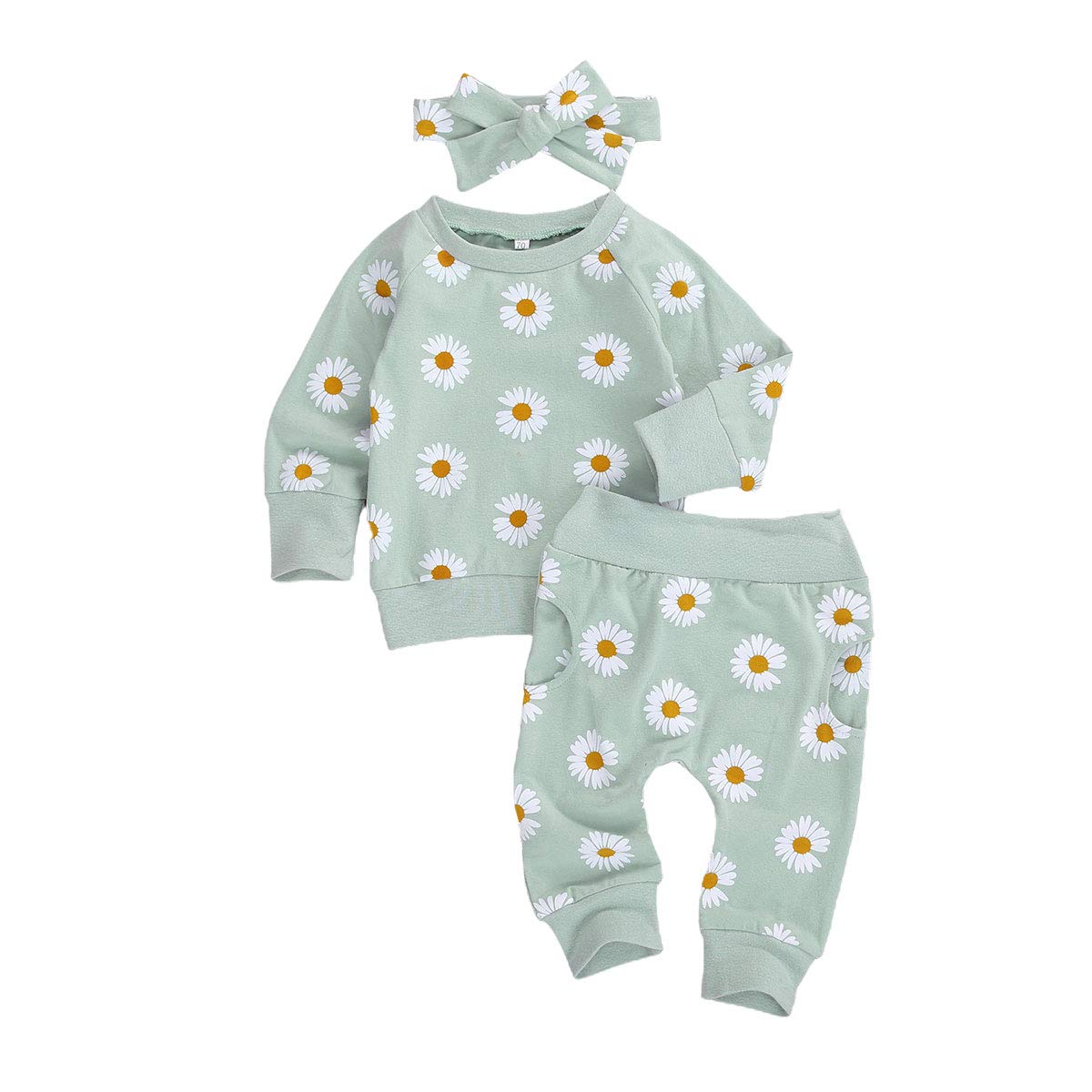 3Pcs Baby Girl Outfits - Daisy Print Sweatshirt, Pants & Headband Set | Cute Infant Winter Clothes for Fall & Winter | Perfect for Family Photos, Holiday Outings & Playdates
