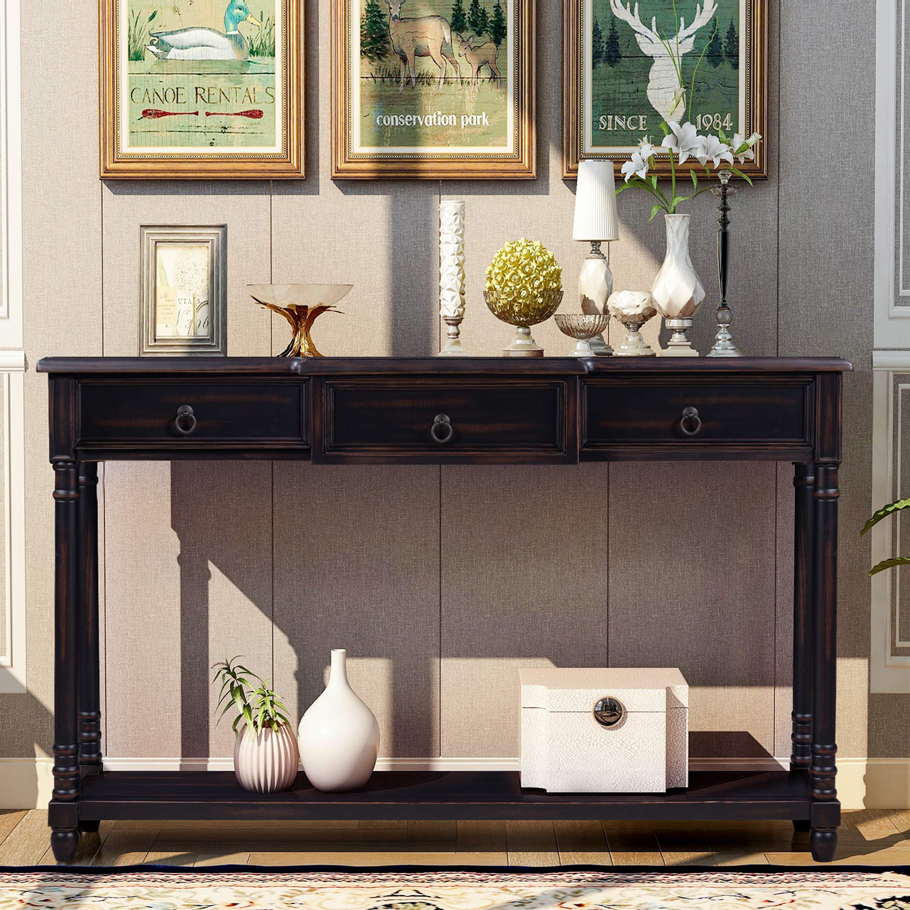Luxury Dark Espresso Console Table with 3 Drawers & Long Shelf - Sturdy Sofa Table for Entryway, Hallway & Living Room - Modern Home Decor with Projecting Drawers for Storage & Organization
