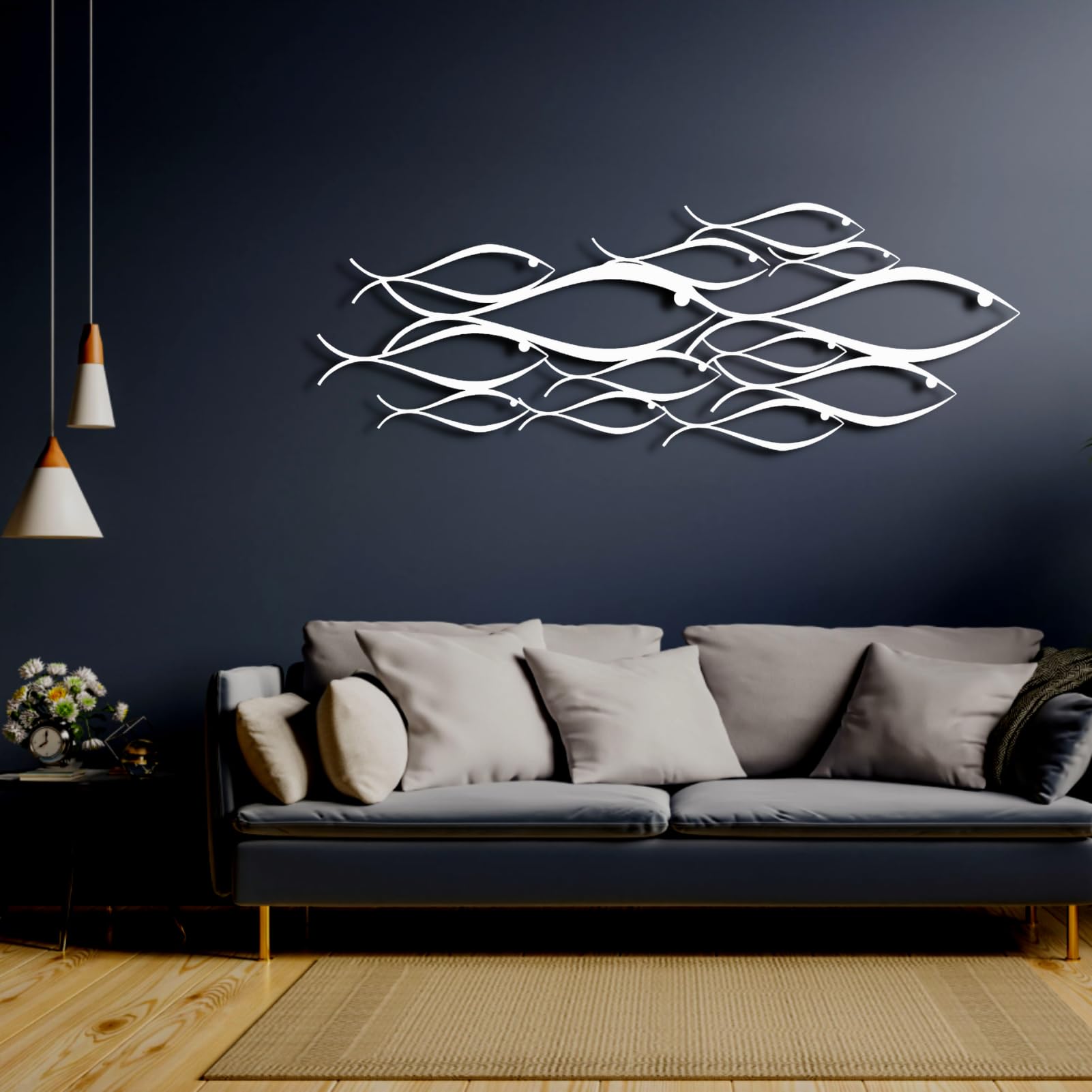 School of Fish Metal Wall Art - Silver 22''x8'' (55x20cm) - Handcrafted Ocean-Themed Home Decor for Living Room, Bedroom, or Office - Perfect Coastal & Nautical Wall Decor Gift