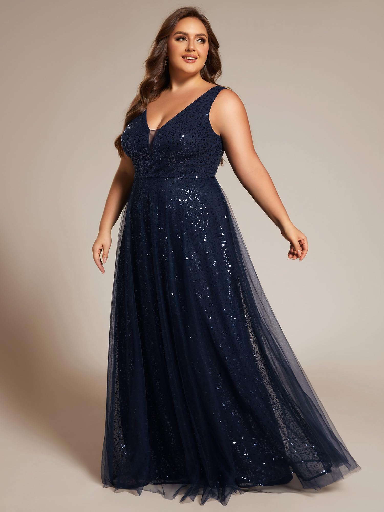 Ever-Pretty Plus Size Sparkle V-Neck A-Line Sleeveless Sequin Prom Dress Ball Gown for Curvy Women 02163-DA | Formal Evening Gown for Homecoming, Wedding Guest, Pageant & Special Occasions
