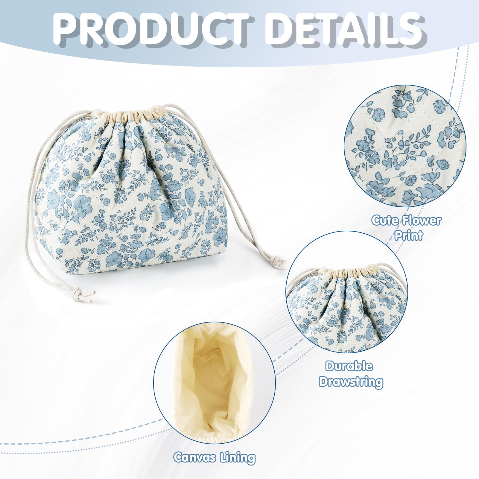 Quilted Cotton Makeup Bag for Women - Large Cute Aesthetic Blue Floral Cosmetic Pouch | Portable Drawstring Travel Toiletry Organizer | Perfect for Purse, Skincare, Gym & Vacation Essentials