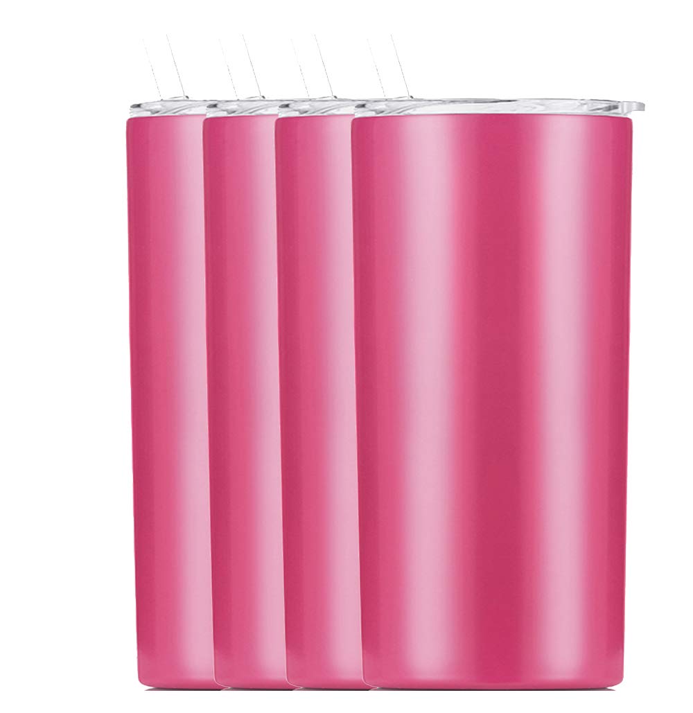 Premium 18/8 Stainless Steel Double Wall Vacuum Insulated Skinny Tumbler with Straw & Lid - 12oz Travel Mug for Hot & Cold Drinks (Rose Pink, 4-Pack) - Perfect for Office, Gym, Hiking & Outdoor Activities