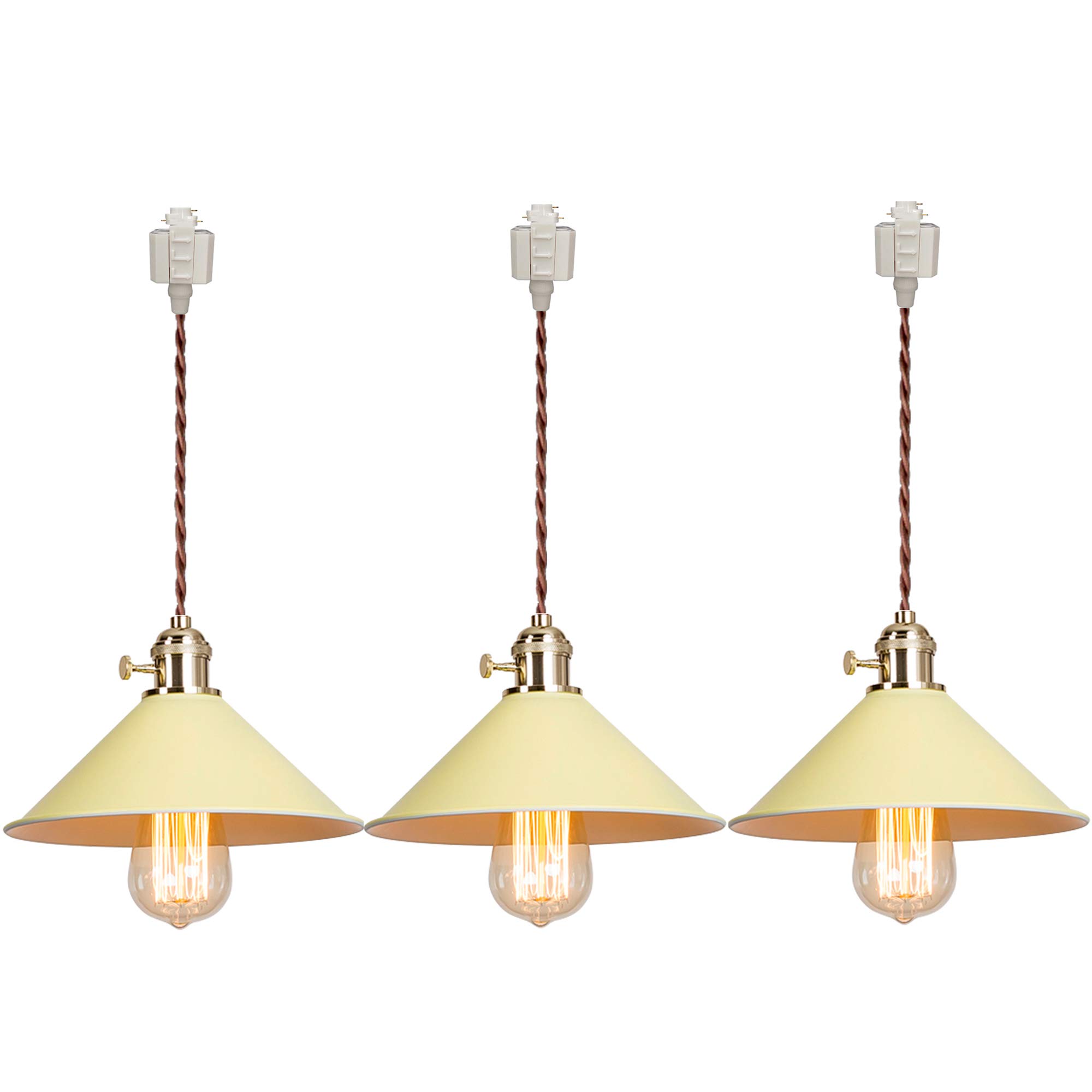 E26 H-Type Track Mount Pendant Light - Dimmable Iron Pendant Lighting with 3ft Brown Braided Cord (3-Lights Set, Macaron Yellow) | Customizable Colorful Track Lights for Living Room, Kitchen, Dining Room & Bedroom Decor