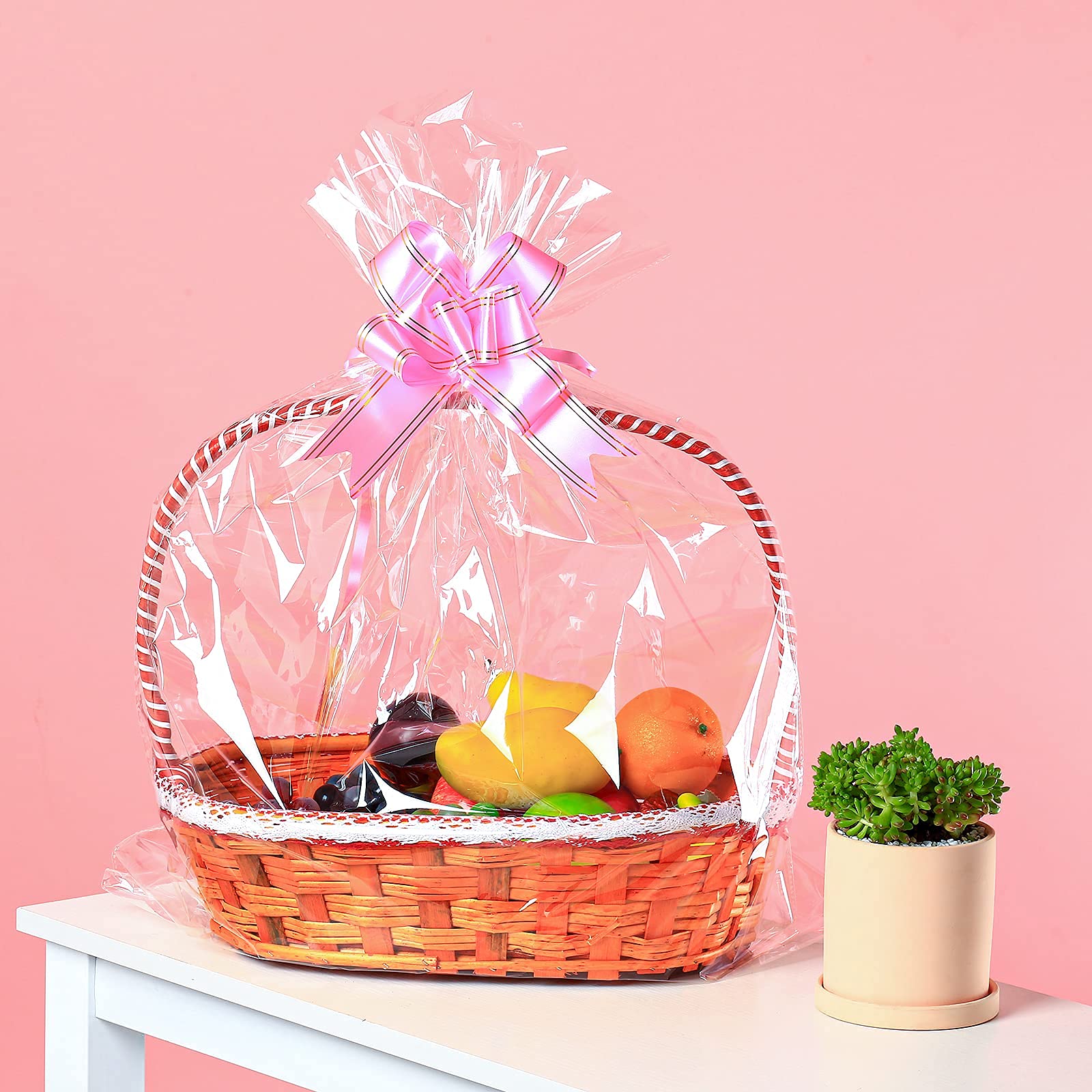 50 Pack Large Clear Cellophane Bags 18x24 Inches - 2.3 Mil Thick Gift Wrapping Bags for Fruit Baskets, Treats, Arts & Crafts | Includes 50 Ribbon Bows | Perfect for Party Favors, Wedding Decorations & Holiday Gift Wrapping