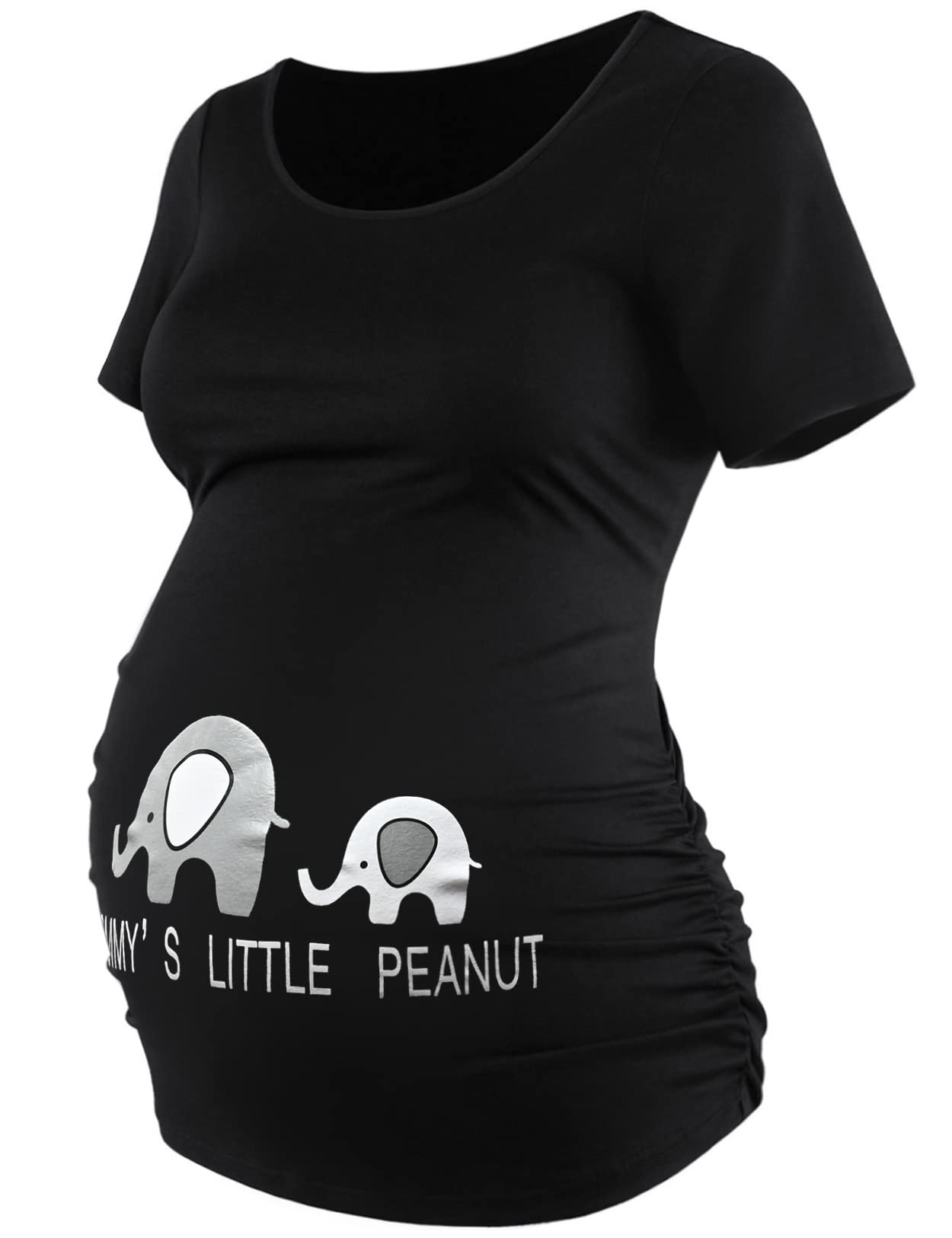 DEBELLY Maternity Tops - Soft Short Sleeve Pregnancy Shirts with Ruched Sides & Footprint Design - Black Nursing Shirt for Casual Wear & Maternity Photos