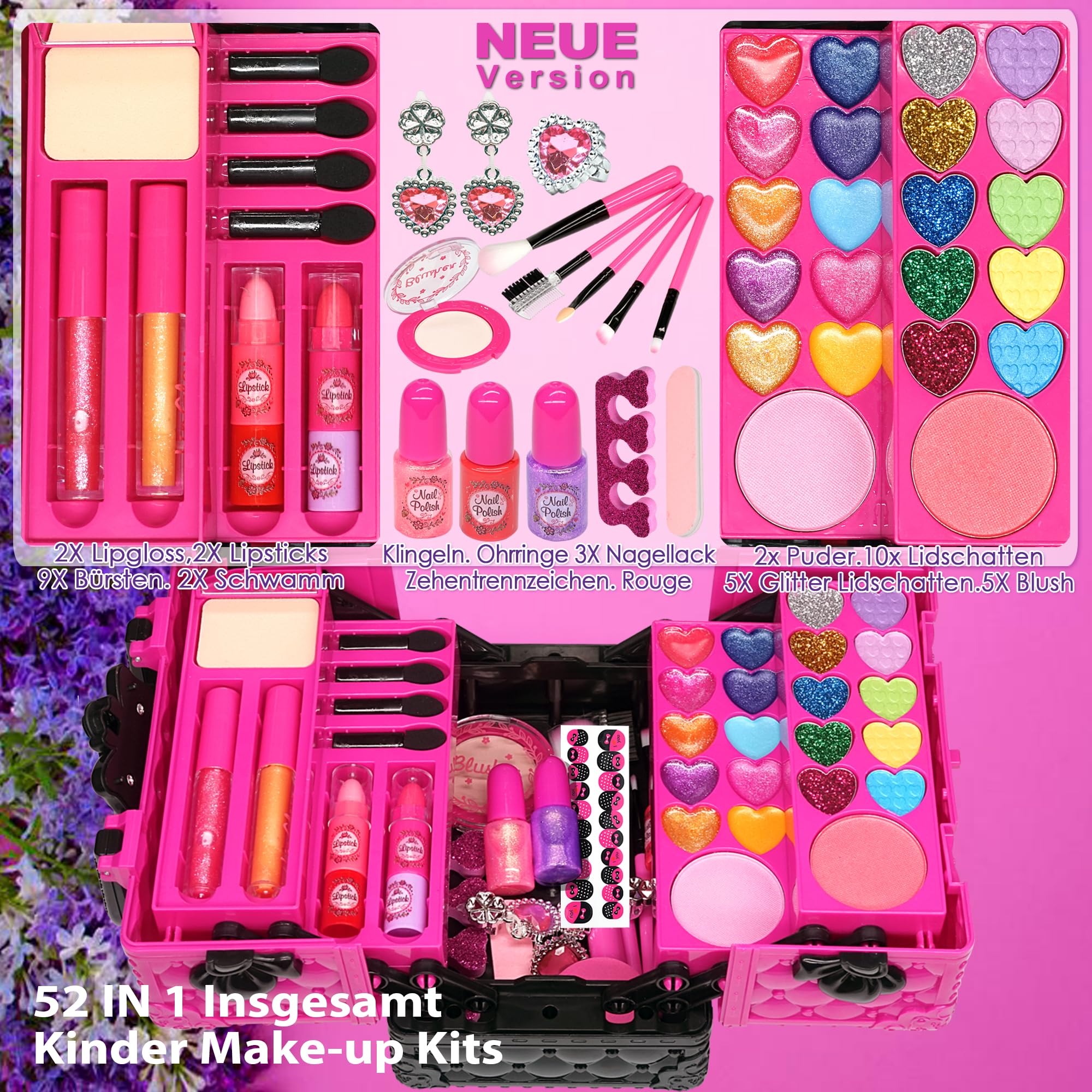 Amerrly 52-Piece Washable Makeup Set for Girls - Non-Toxic Kids Makeup Kit with Travel Case - Perfect Birthday Gift for Girls Ages 4-12 - Pretend Play, Dress-Up & Party Makeup for Kids