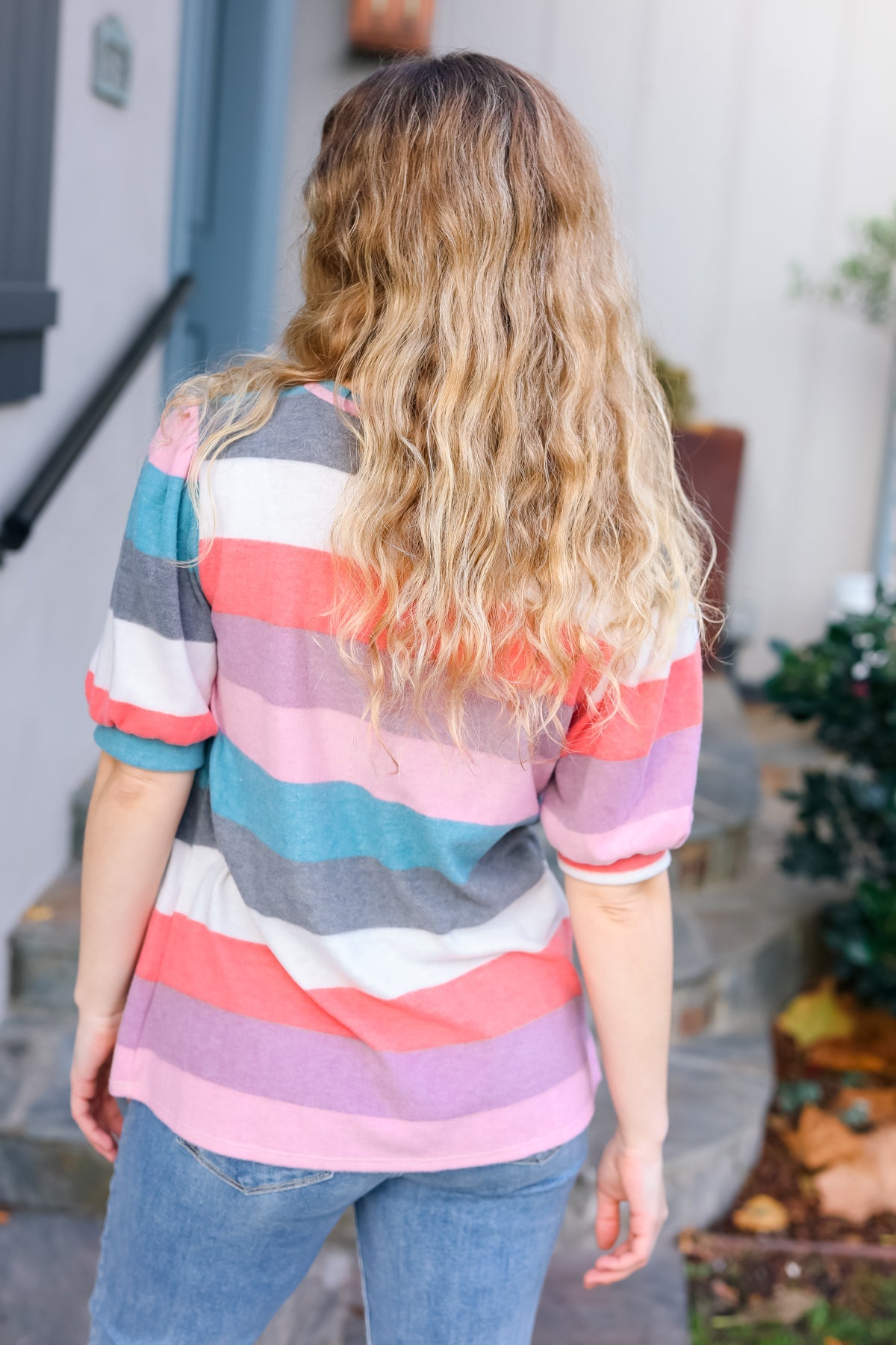 Look Out Teal & Rose Striped Hacci Knit Puff Sleeve Top | Women's Fashion Casual Blouse | Perfect for Date Night, Office Wear & Spring Outfits