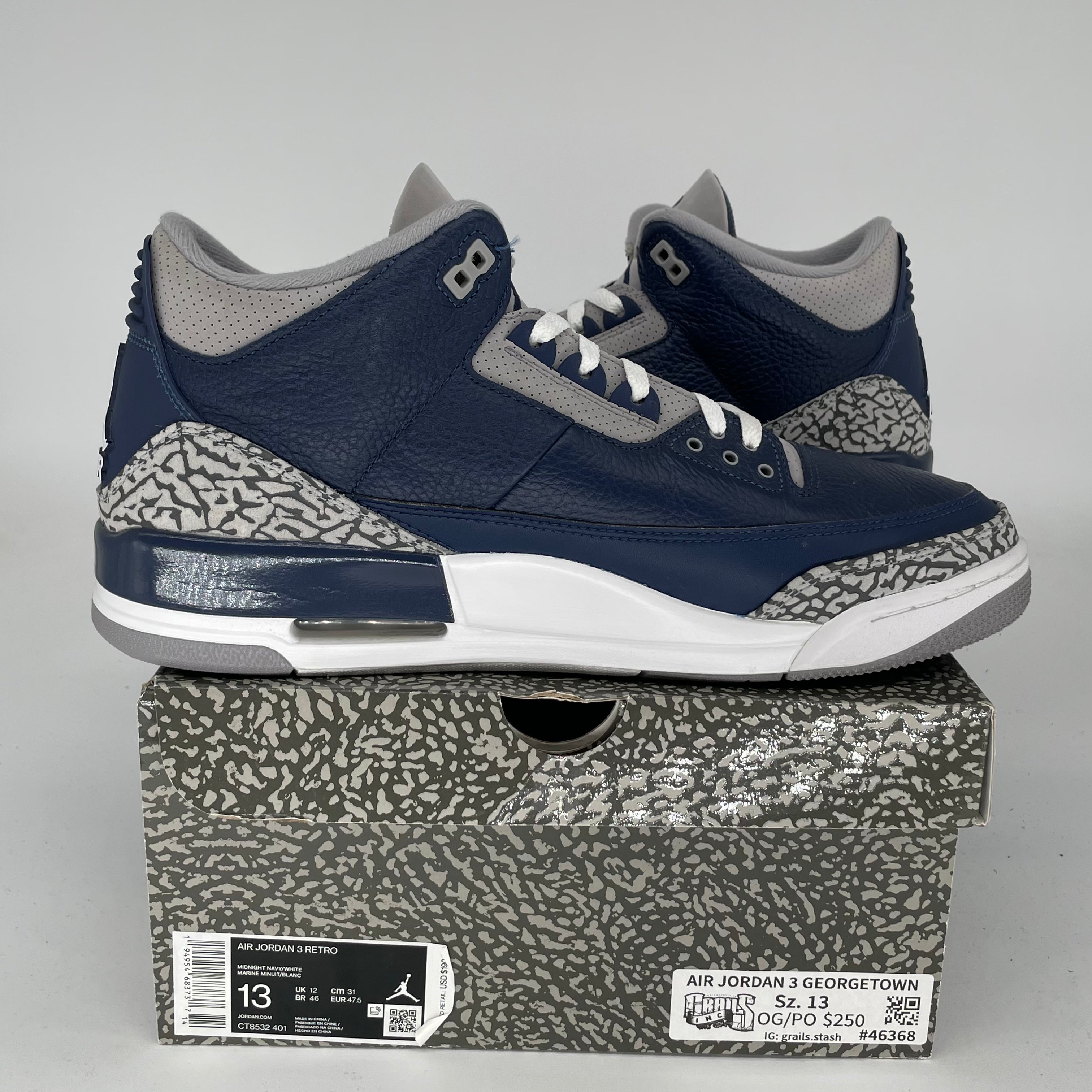 AIR JORDAN 3 GEORGETOWN Retro Basketball Shoes Men's Size 13 - White/Blue/Gray CT8532-401 | Authentic Sneakers for Casual Wear & Street Style