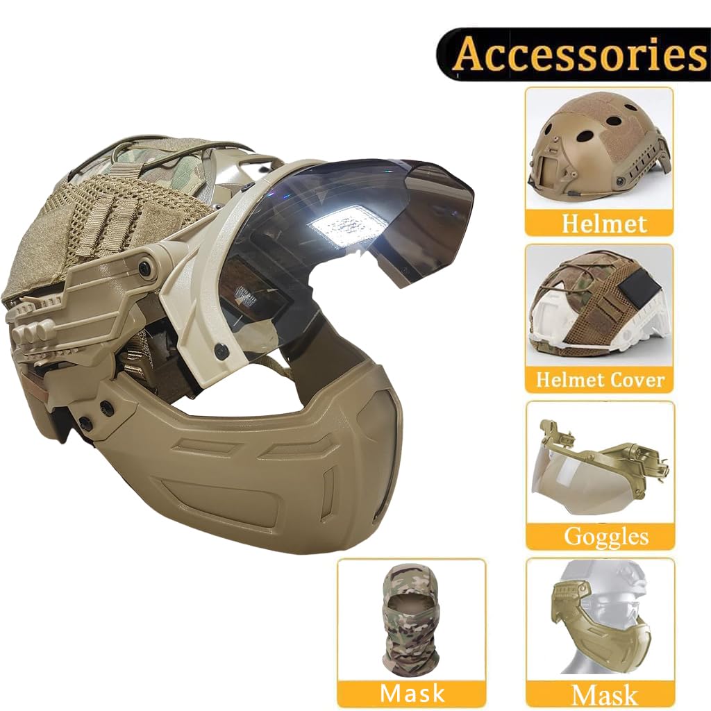 Tactical Airsoft Helmet with Multicam Cover, Full Face Paintball Mask & Goggles Set - Military, Hunting, CS, CQB Outdoor Combat Gear for Airsoft Games & Tactical Training
