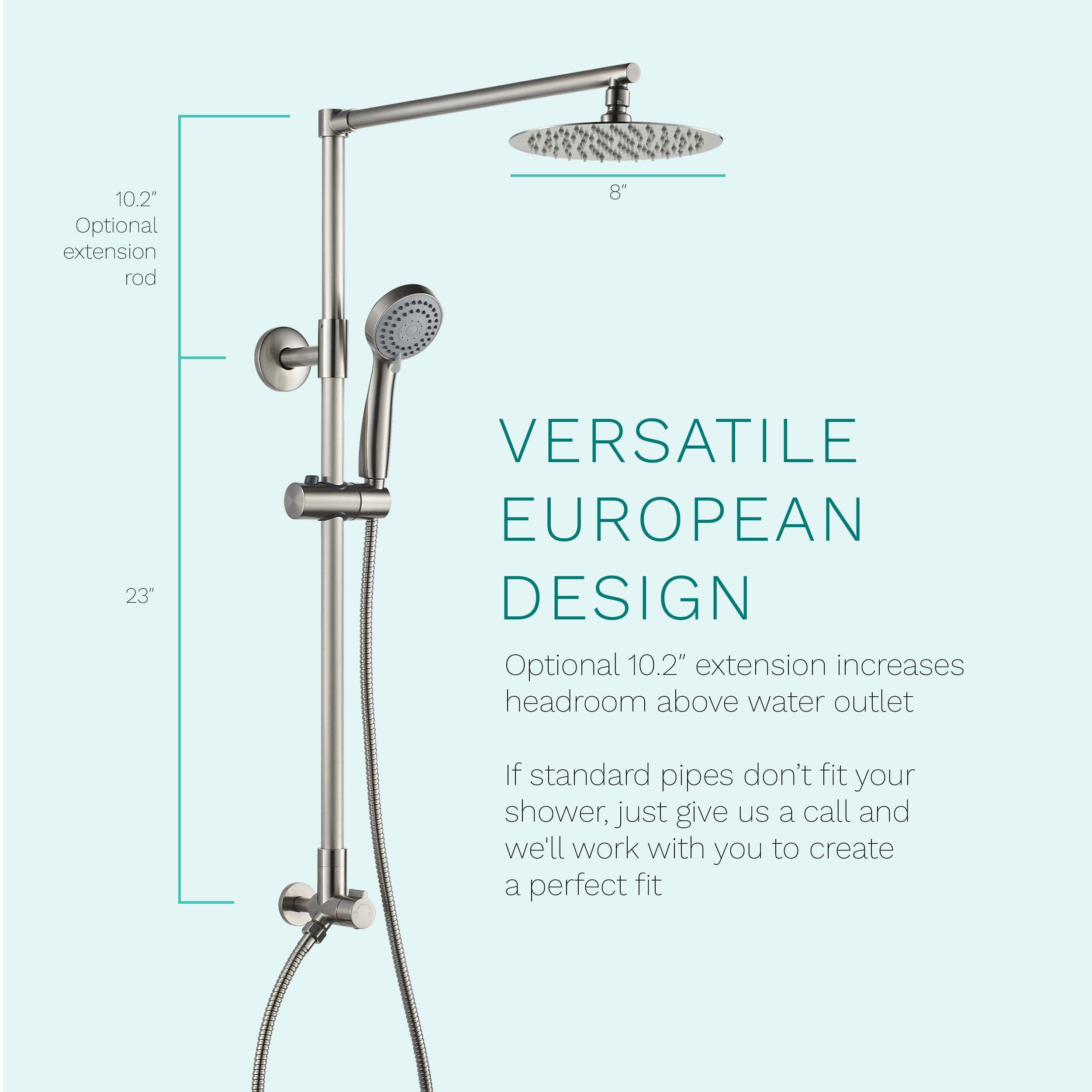 Polaris 3 Retrofit Rain Shower System - 3-Setting Handheld Shower Combo with Adjustable Slide Bar, 8 Inch Low Profile Shower Head (2.5 GPM, Brushed Nickel Finish) for Bathroom Renovation & Spa-Like Shower Experience