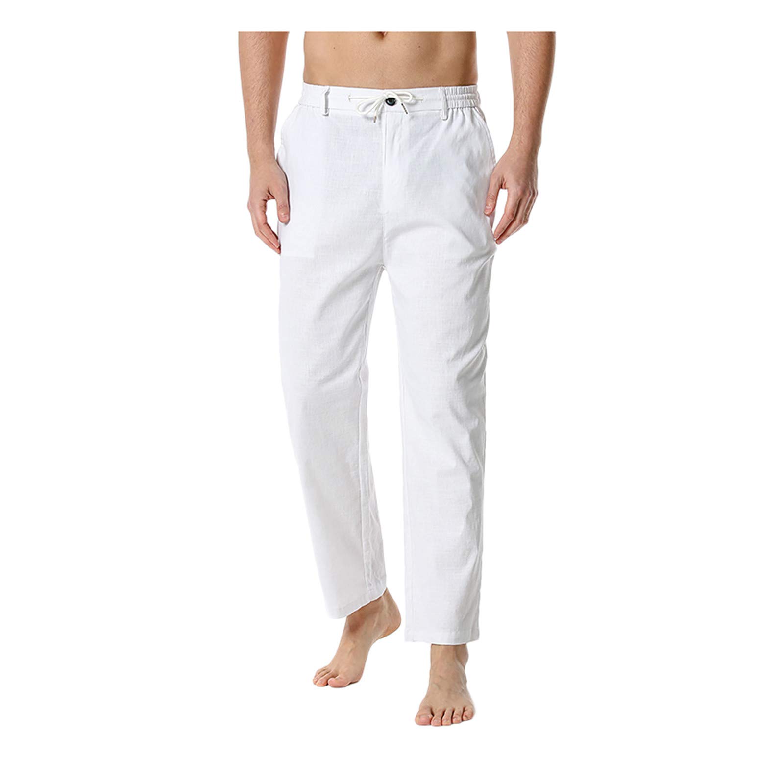 MOMKER Men's Lightweight Cotton-Linen Cargo Pants - Elastic Waist, Loose Fit Casual Pants for Home, Travel & Outdoor Activities
