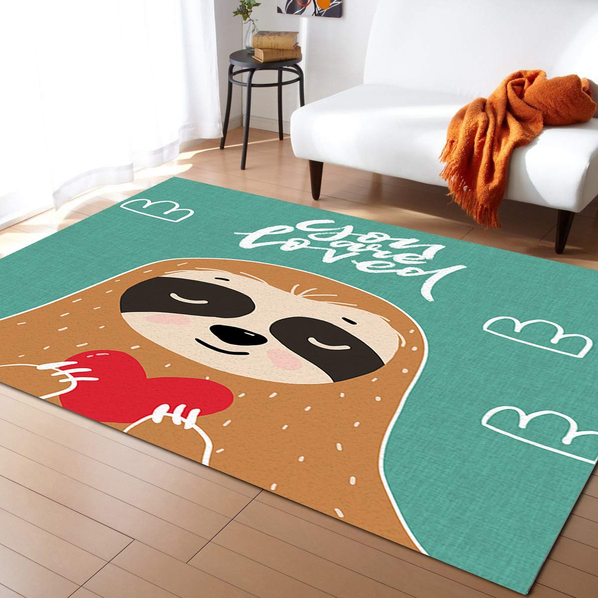 SlothSoft 5' x 8' Area Rugs - Cute Cartoon Sloth Holding a Heart Non-Slip Carpet for Bedroom, Kids Room, Nursery, Living Room - Soft Floor Mat for Home Decor & Play Area