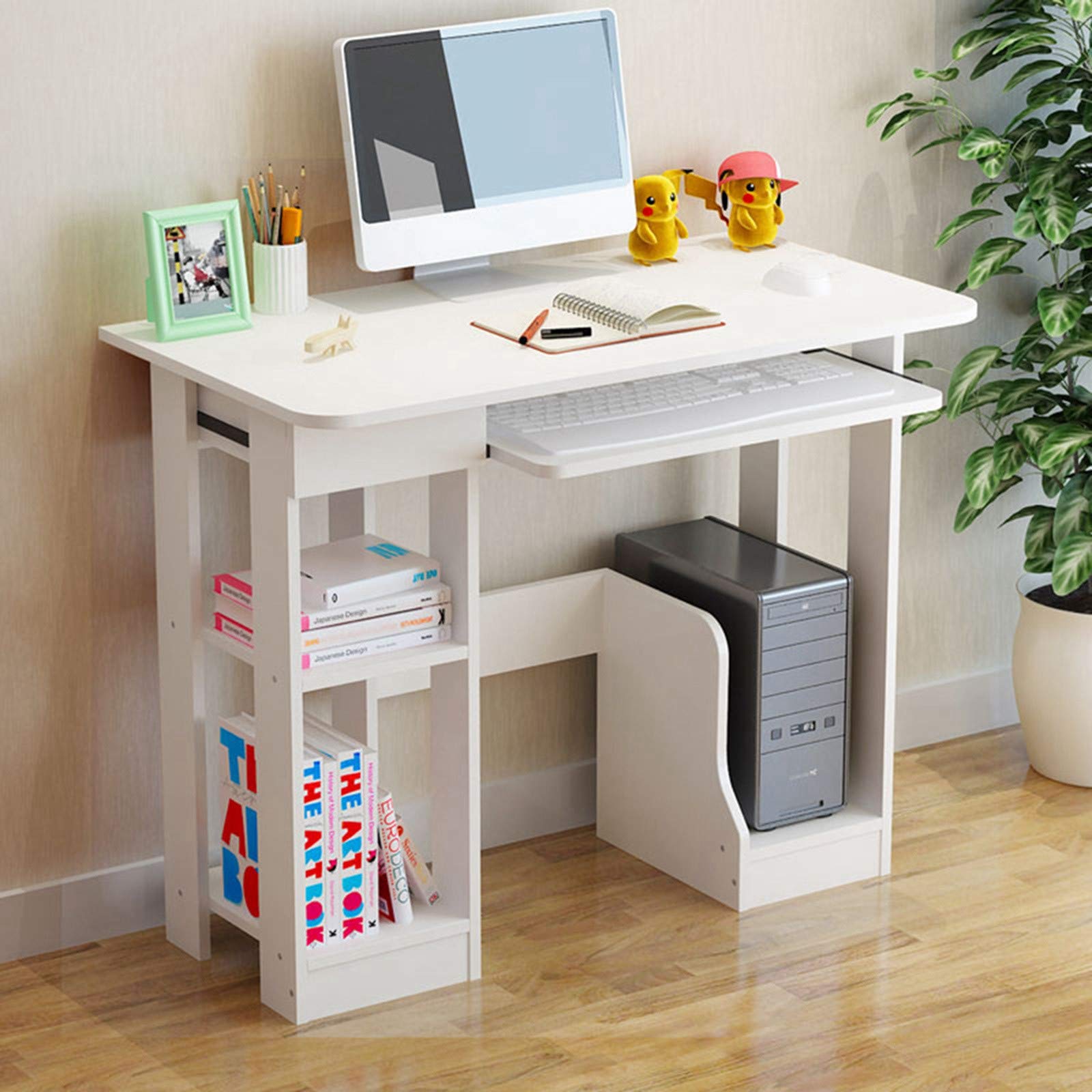 MINIKID 35.4 Inch Modern Computer Desk with Storage Shelf - Study Writing Desk, Laptop PC Table for Home Office & Gaming - White (Fast US Shipping) - Perfect for Small Spaces, Dorm Rooms & Workstations