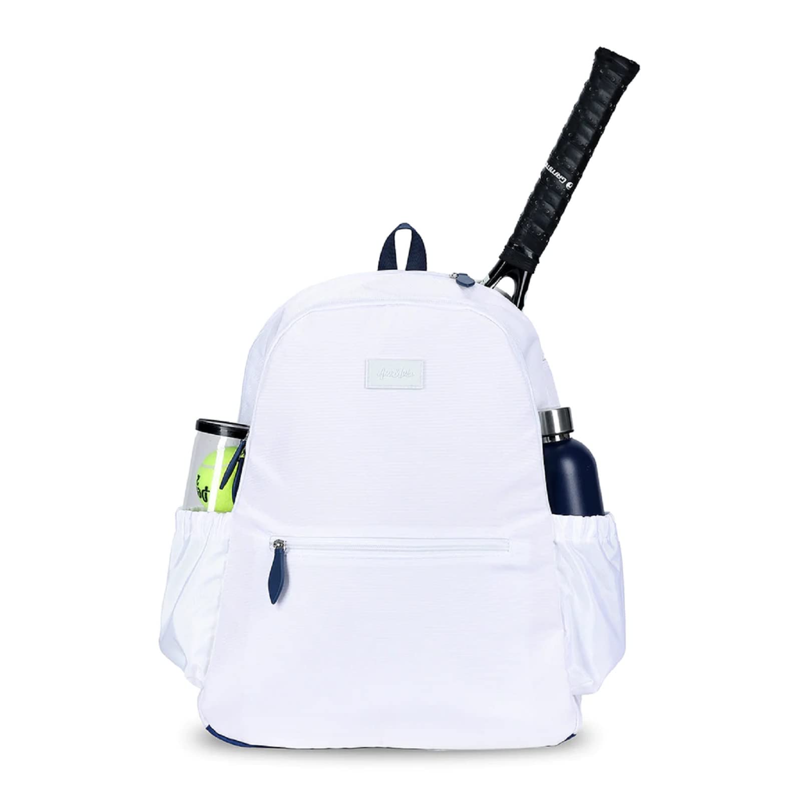 Ame & Lulu Courtside 2.0 Tennis Backpack with Padded Adjustable Straps & 2 Exterior Water Bottle Pockets - White/Navy - Perfect for Tennis, Gym & Travel - 1 Count