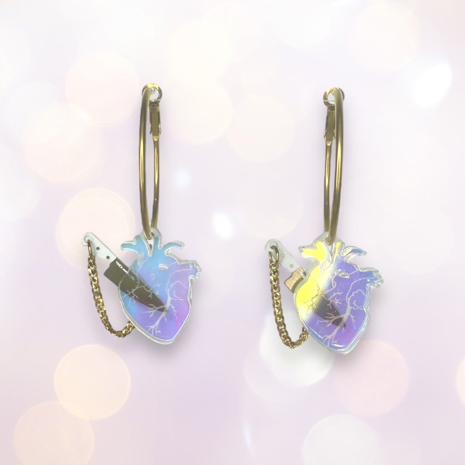 Dreamy Iridescent Chopped Holo Heart Hoop Earrings - Trendy Holographic Jewelry for Women, Perfect for Parties, Date Nights & Festival Outfits