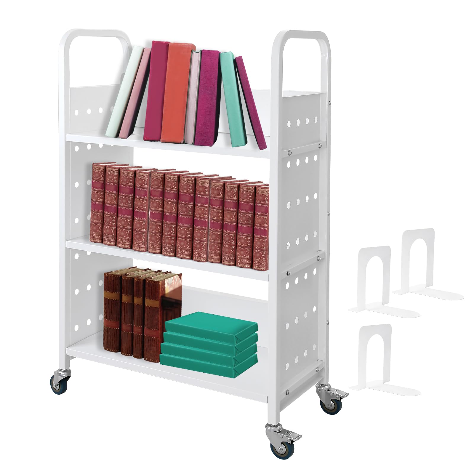 OUKIDR 200LBS Capacity L-Shaped Rolling Book Cart with 4 Lockable Wheels - Heavy Duty Library Book Truck for Home, Office & School - Perfect for Organizing Books, Files and Supplies (White)