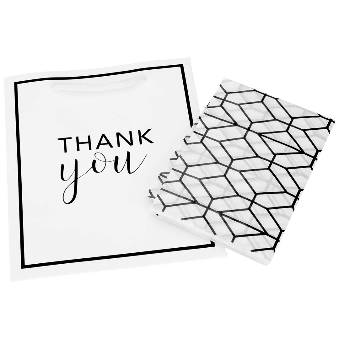 Andaz Press 25 Pack Mini Thank You Gift Bags with Handles & Tissue Paper - 5x6 Inches Modern Geometric Party Favor Bags for Weddings, Baby Showers & Corporate Events (Black/White) - Bulk Small Gift Bags for Treats, Favors & Guest Gifts