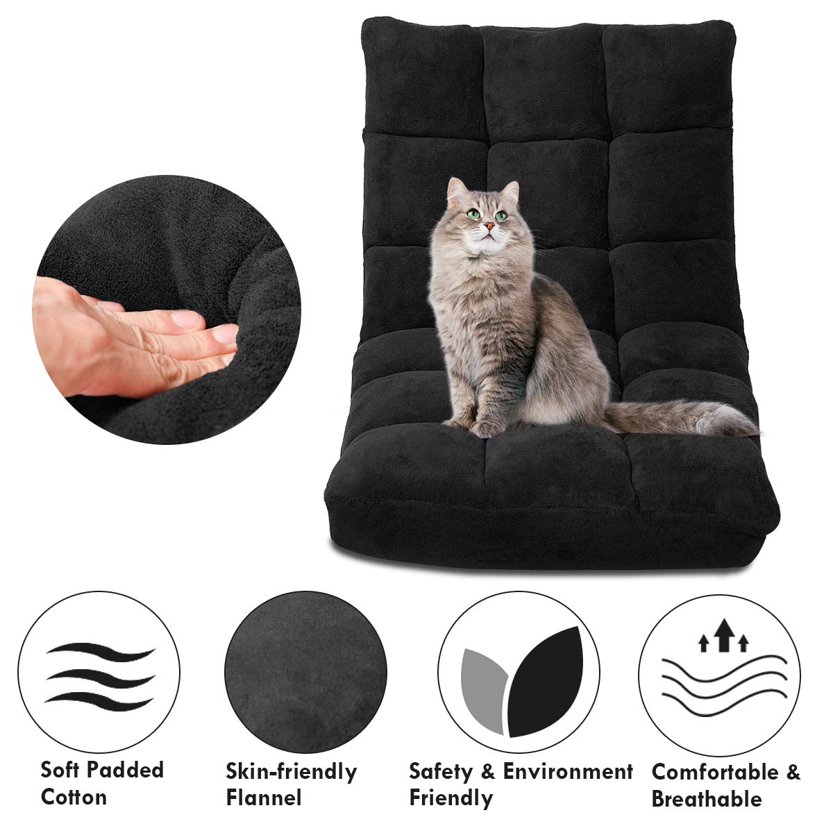 14-Position Adjustable Floor Sofa Chair - Foldable Gaming & Study Recliner with Steel Frame & Comfortable Cushions - Convertible Sleeper Bed for Living Room, Bedroom & Game Room (Black)