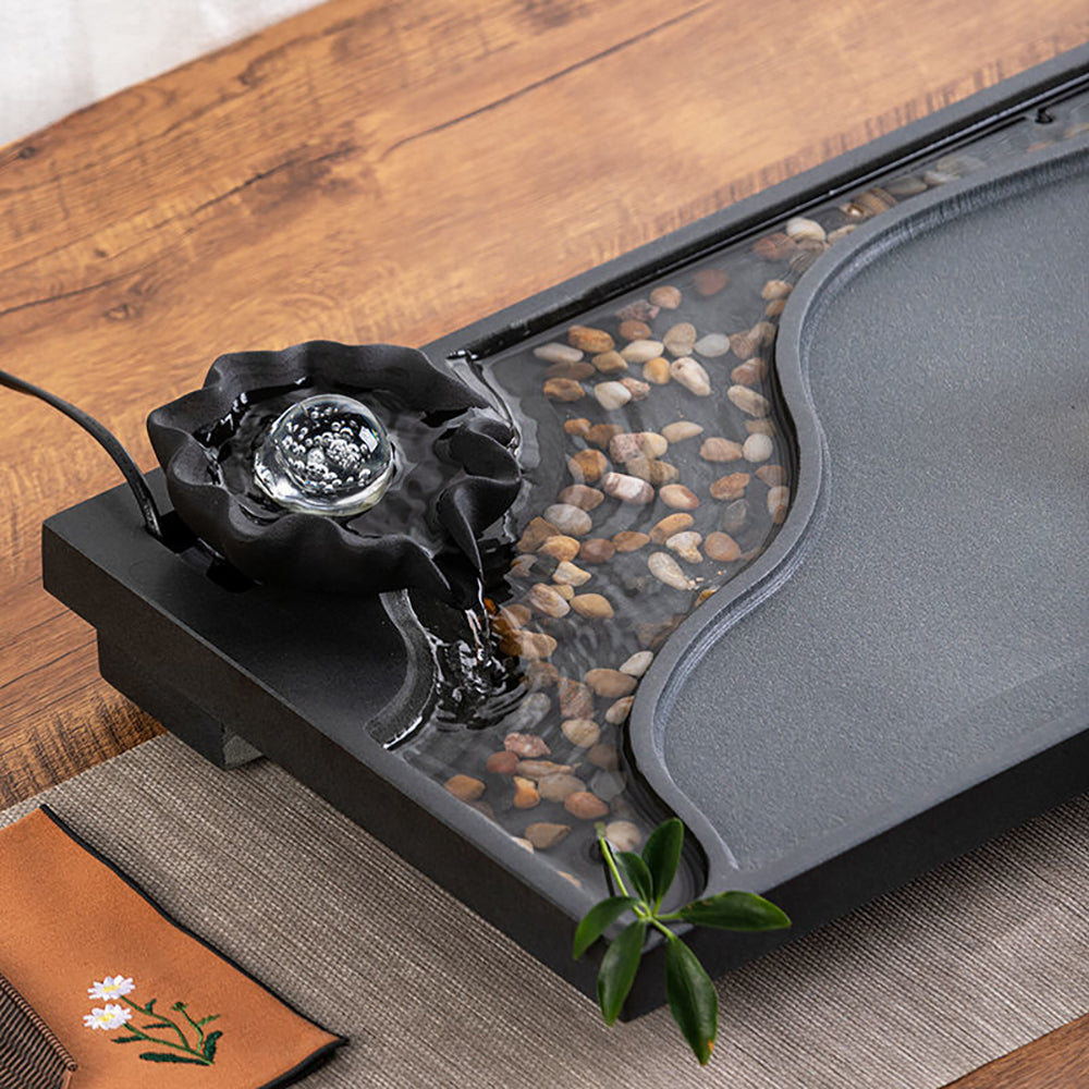 Zen Mist & Waterflow Black Stone Tea Tray - Premium Chinese Gongfu Tea Ceremony Set for Brewing & Serving - Perfect for Home, Office & Meditation Spaces