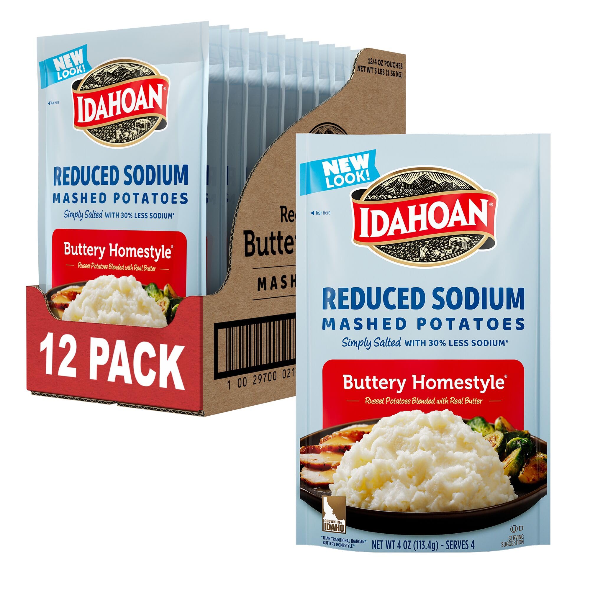 Idahoan Buttery Homestyle Mashed Potatoes - Low Sodium, 4oz (Pack of 12) | Quick & Easy Side Dish for Thanksgiving, Family Dinners & Meal Prep