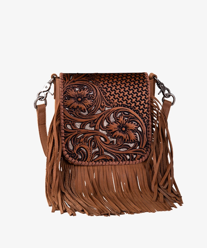 Montana West Genuine Leather Tooled Fringe Crossbody Purse for Women - Western Style Handbag for Daily Use, Travel & Country Music Festivals