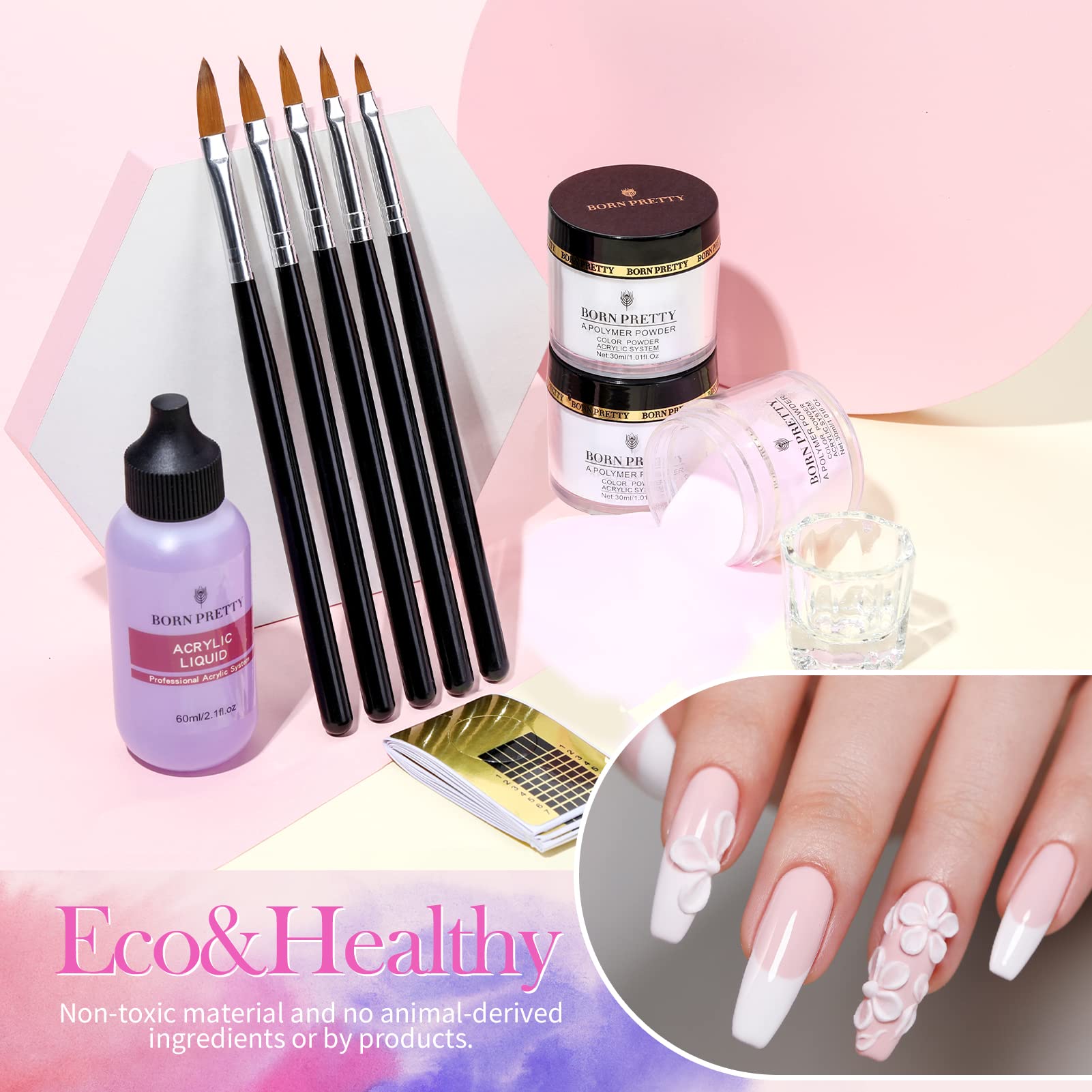 BORN PRETTY 96PCs Acrylic Nail Kit with Powder, Liquid Monomer, 24 Colors Glitters, Brush, Tips & Primer - Complete Nail Extension Set for DIY Manicure, Salon & Gift Giving