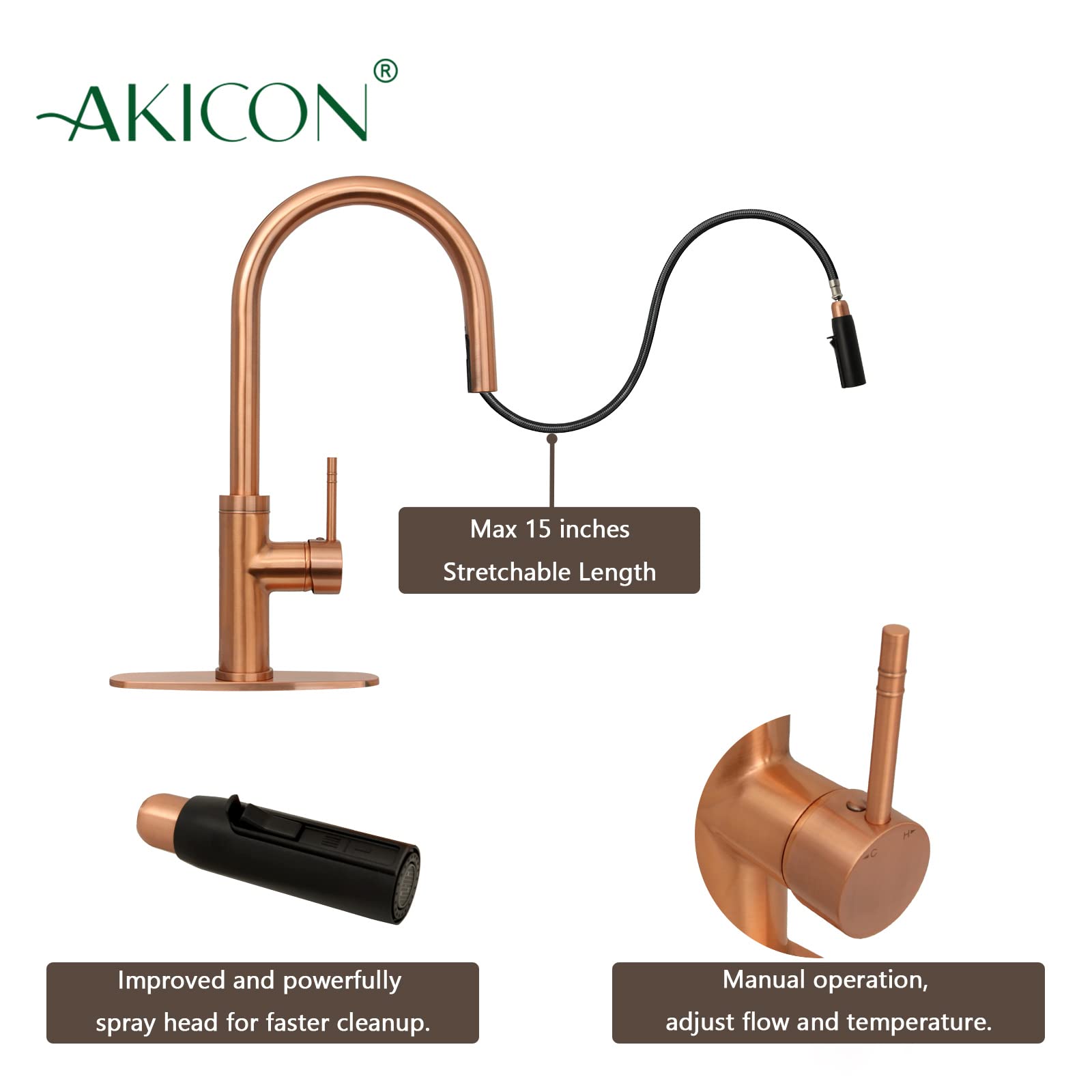 **Solid Brass Pull Out Kitchen Faucet with Deck Plate - Single Handle Pull Down Sprayer Sink Faucet (Copper) - Perfect for Modern Kitchens, Renovations & High-End Homes**