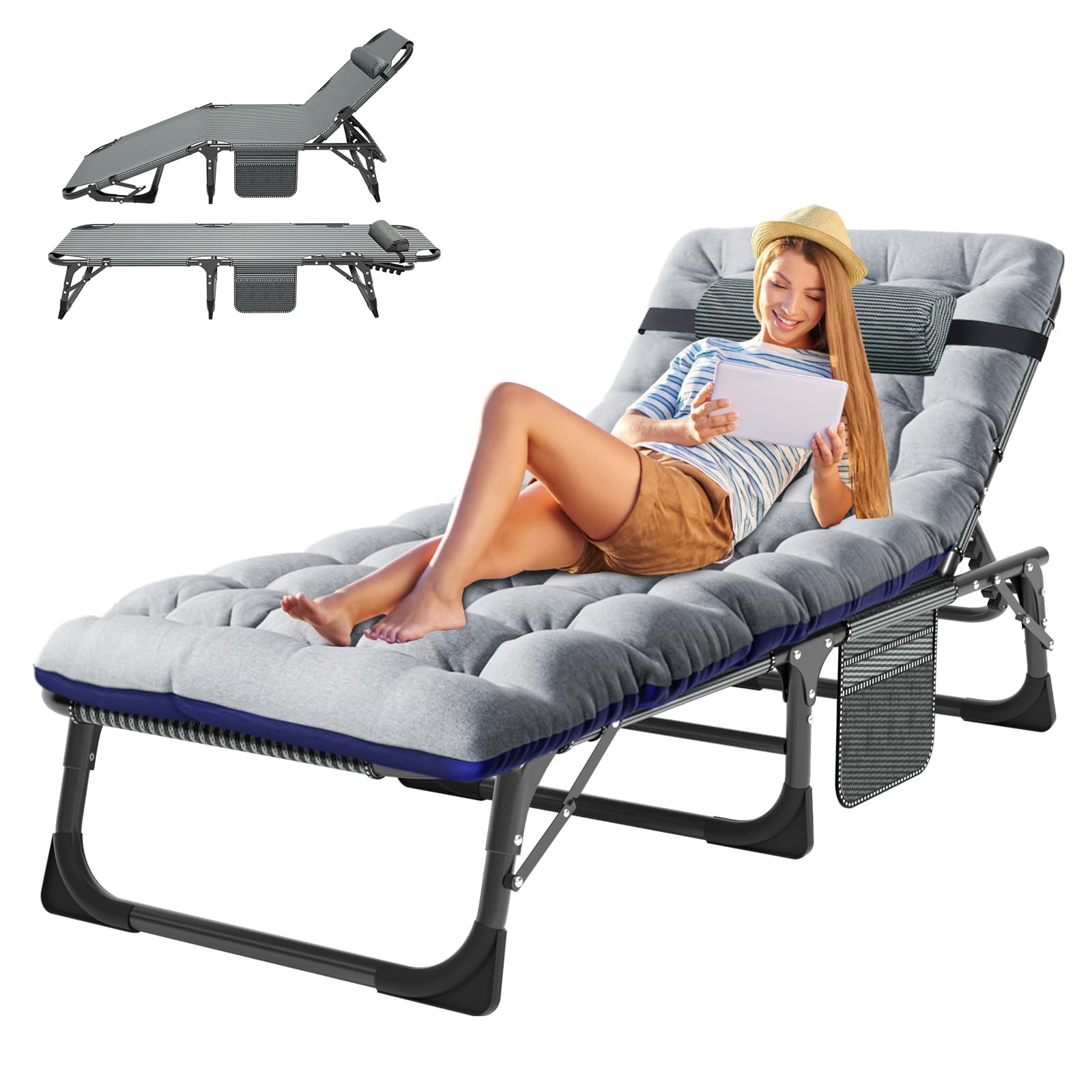 ABORON 5-Position Adjustable Camping Cot for Adults - Portable Folding Sleeping Cot & Outdoor Lounge Chair with Pillow - Perfect for Beach, Lawn, Camping, Poolside & Sunbathing