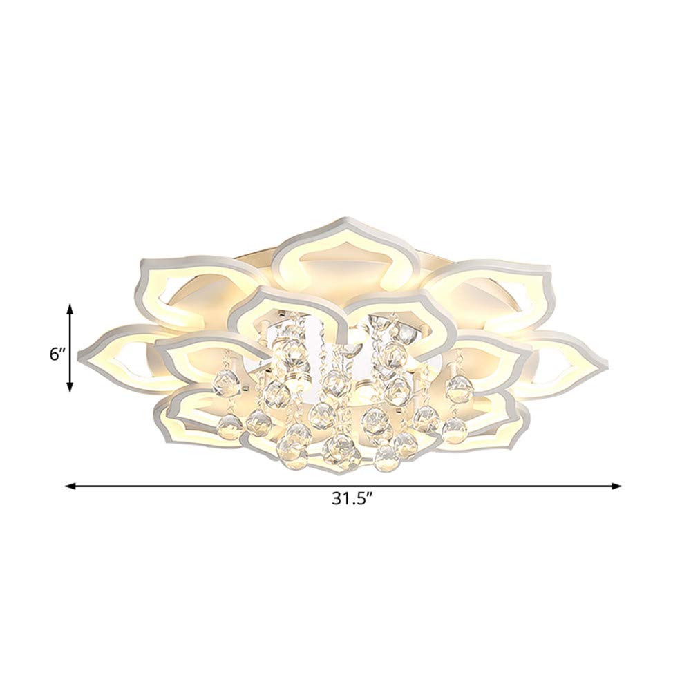 Modern White Flower Shape Ceiling Light with Crystal Ball - Minimalist Flush Mount LED Fixture, 31.5 Inch Contemporary Acrylic Design (Bulb Included) - Perfect for Living Room, Bedroom & Dining Room Lighting