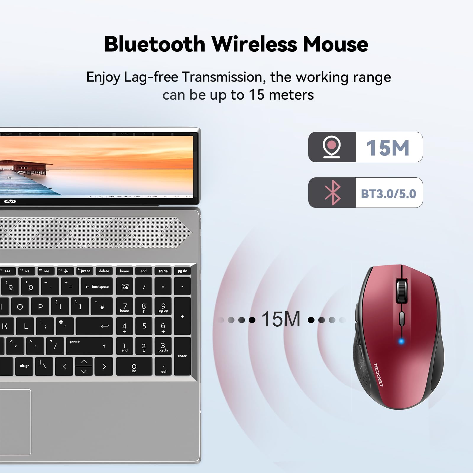 TECKNET Wireless Bluetooth Mouse - 4800 DPI Adjustable Computer Mouse with 24-Month Battery Life, 6 Buttons for iPad Pro/Laptop/Surface Pro/Windows/Chromebook (Red) - Perfect for Office Work, Gaming & Travel Use