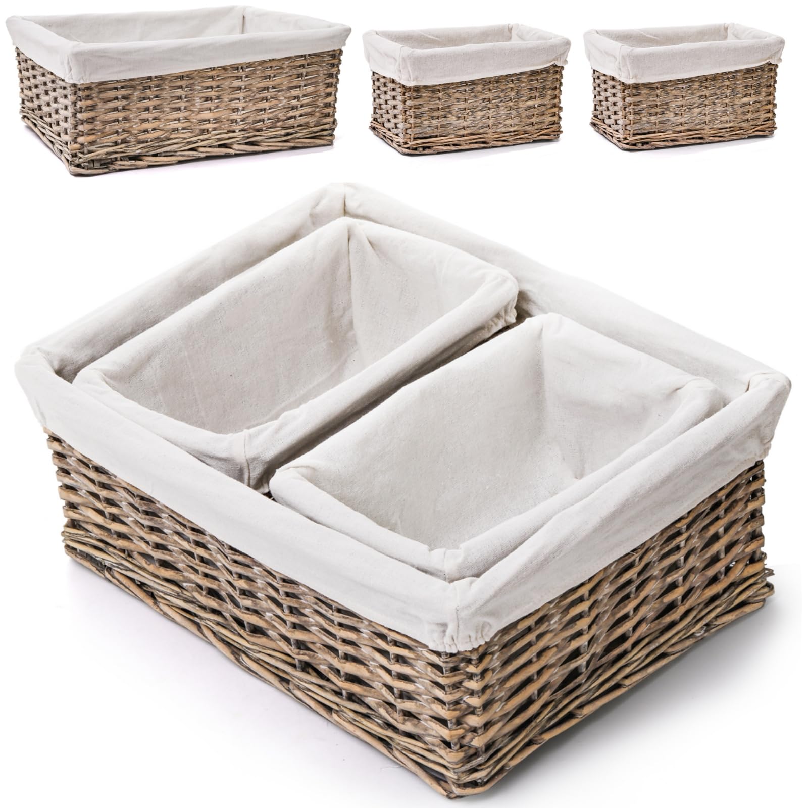 3 Pack Handwoven Wicker Storage Baskets with Removable Lining - Decorative Nesting Bins for Toilet Paper, Pantry & Bathroom Organization - Perfect for Bedroom, Closet & Countertop Storage (Natural, Rectangle) | Space-Saving Home Decor Solution