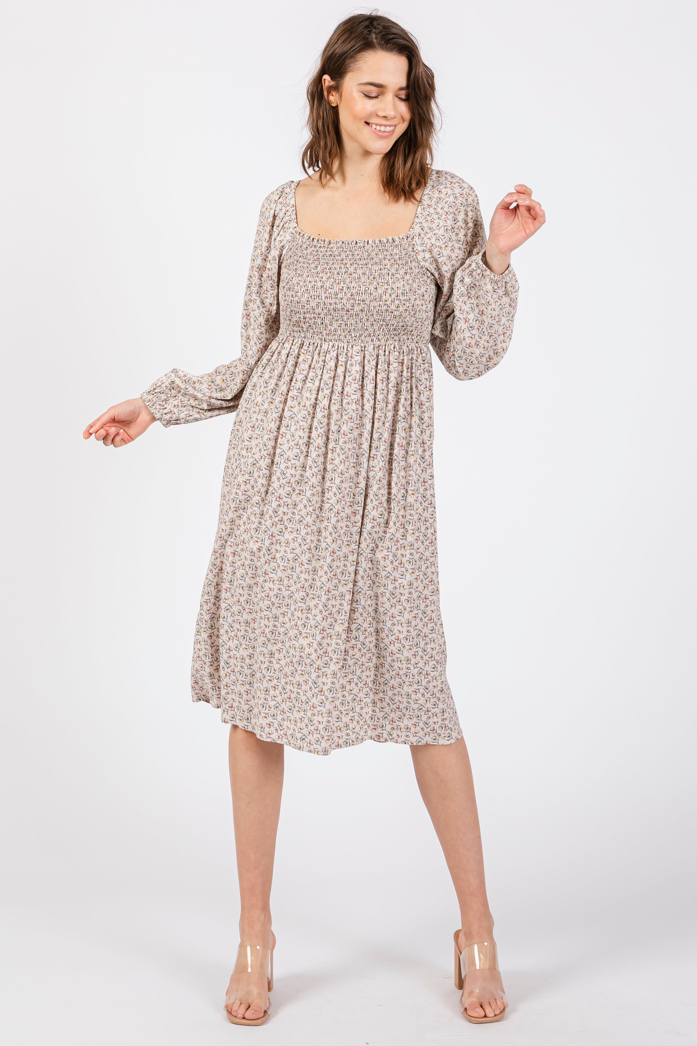 Beige Floral Print Long Sleeve Maternity Midi Dress for Pregnancy - Comfortable & Stylish Outfit for Baby Shower, Maternity Photos & Special Occasions