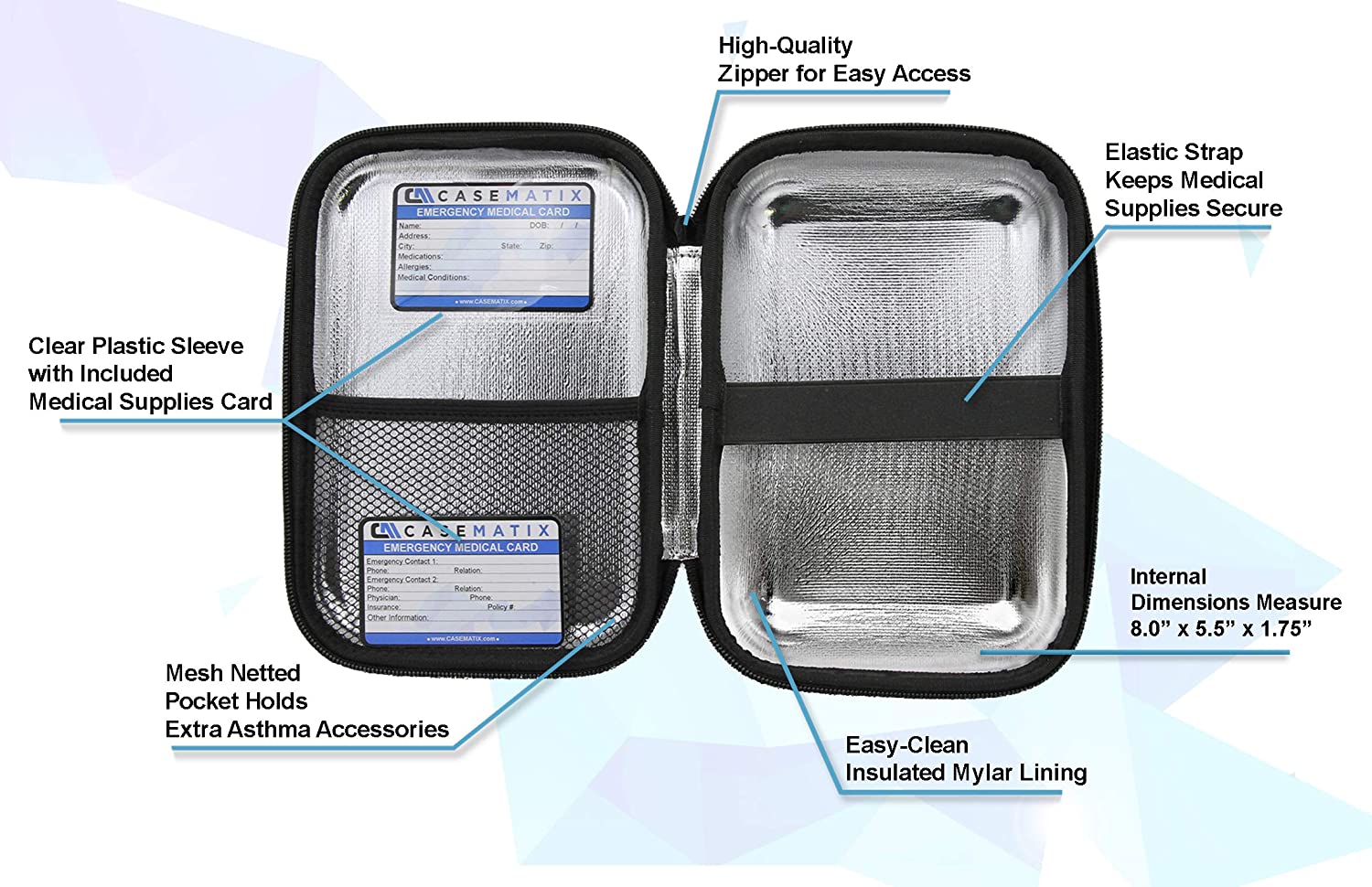 CASEMATIX 8 Insulated Asthma Inhaler Travel Case - Portable Medicine Organizer for Adults & Kids - Fits Inhaler Spacer, Masks & Allergy Medications - Perfect for Travel, School & Outdoor Activities