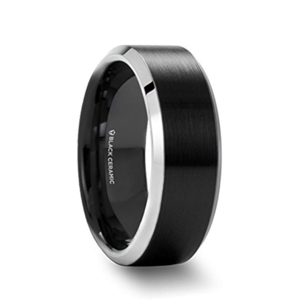 ARDEN Beveled Edge Black Ceramic Wedding Band Ring - 8mm Wide, Brushed Finish for Men & Women - Perfect for Engagement, Anniversary & Everyday Wear
