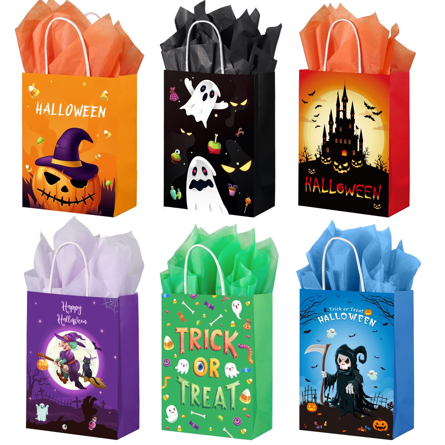 PINWATT 24Pcs Halloween Paper Gift Bags with Tissues - Trick or Treat Candy Bags with Handles for Kids Party Favors | Halloween Party Supplies, Classroom Treats & Candy Exchange