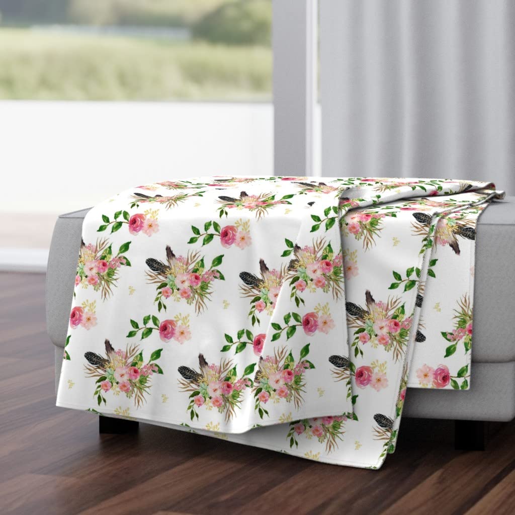 Soft Fox Floral Plush Minky Throw Blanket 50x70 Inches - Boho Feather Pink Flowers Baby Girl Blanket for Nursery, Bedroom & Couch