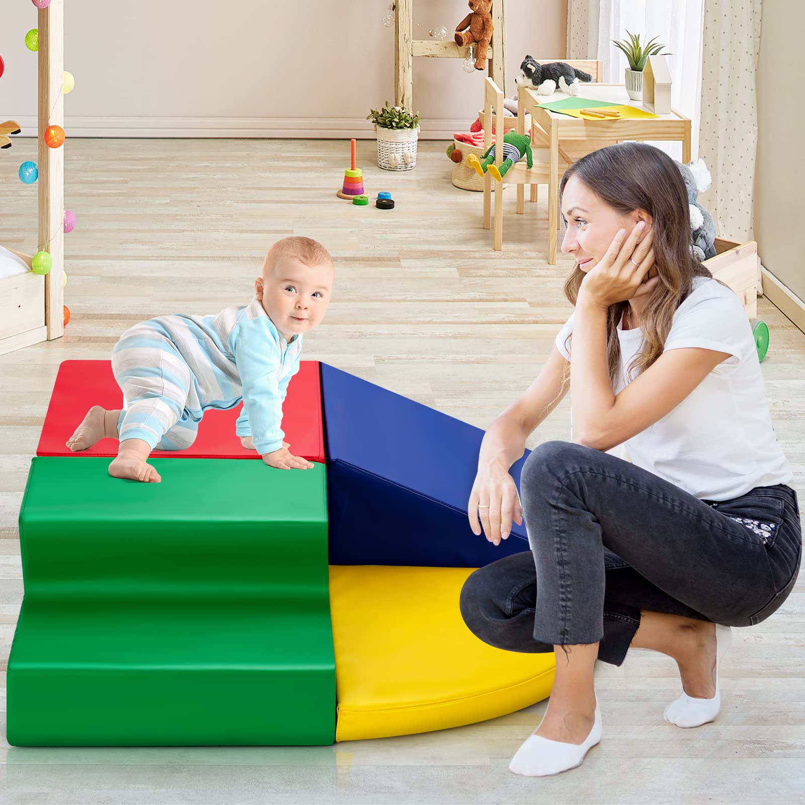 DREAMADE Kids Building Blocks Set with Stairs & Slide - Educational STEM Toys for Toddlers, Various Shapes & Colors - Perfect for Home Play & Kindergarten Learning Activities (Multicolor)