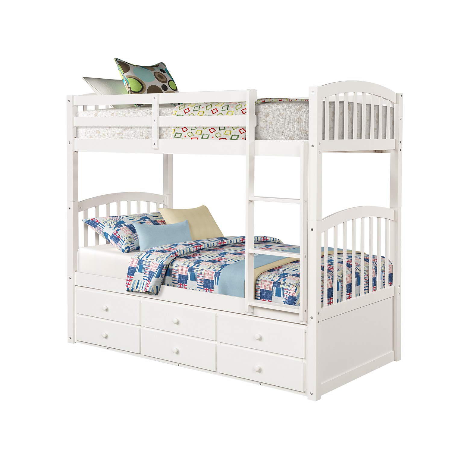 JULYFOX Twin Over Twin Pine Wood Bunk Bed with Ladders, Trundle & Drawers - Full Length Guard Rails, No Box Spring Needed - 3 Bed Frames for Kids, Teens & Small Spaces - White - Perfect for Shared Kids' Rooms, Sleepovers & Space-Saving Bedroom Solutions