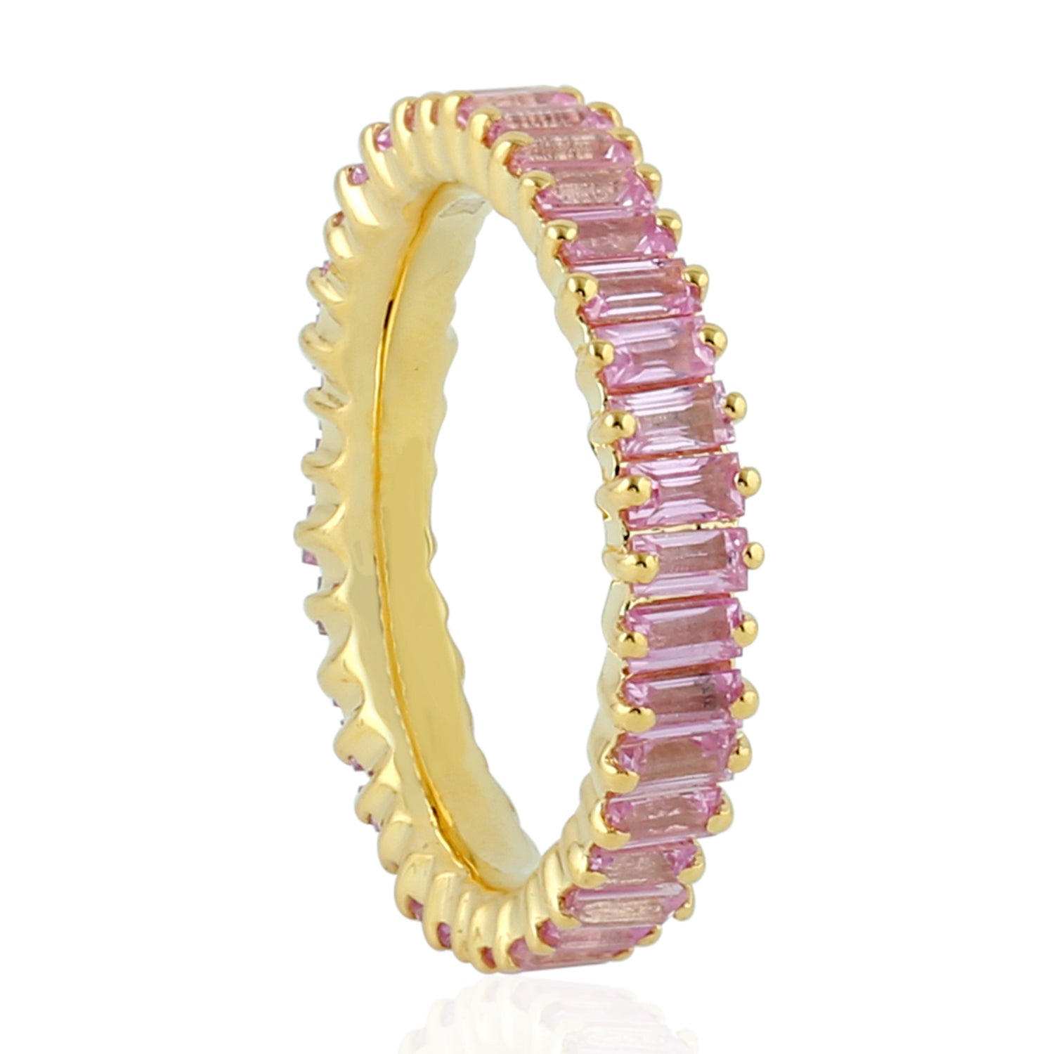 18K Yellow Gold Baguette Cut Pink Sapphire Gemstone Band Ring for Women | Elegant Stackable Jewelry for Weddings, Anniversaries & Special Occasions