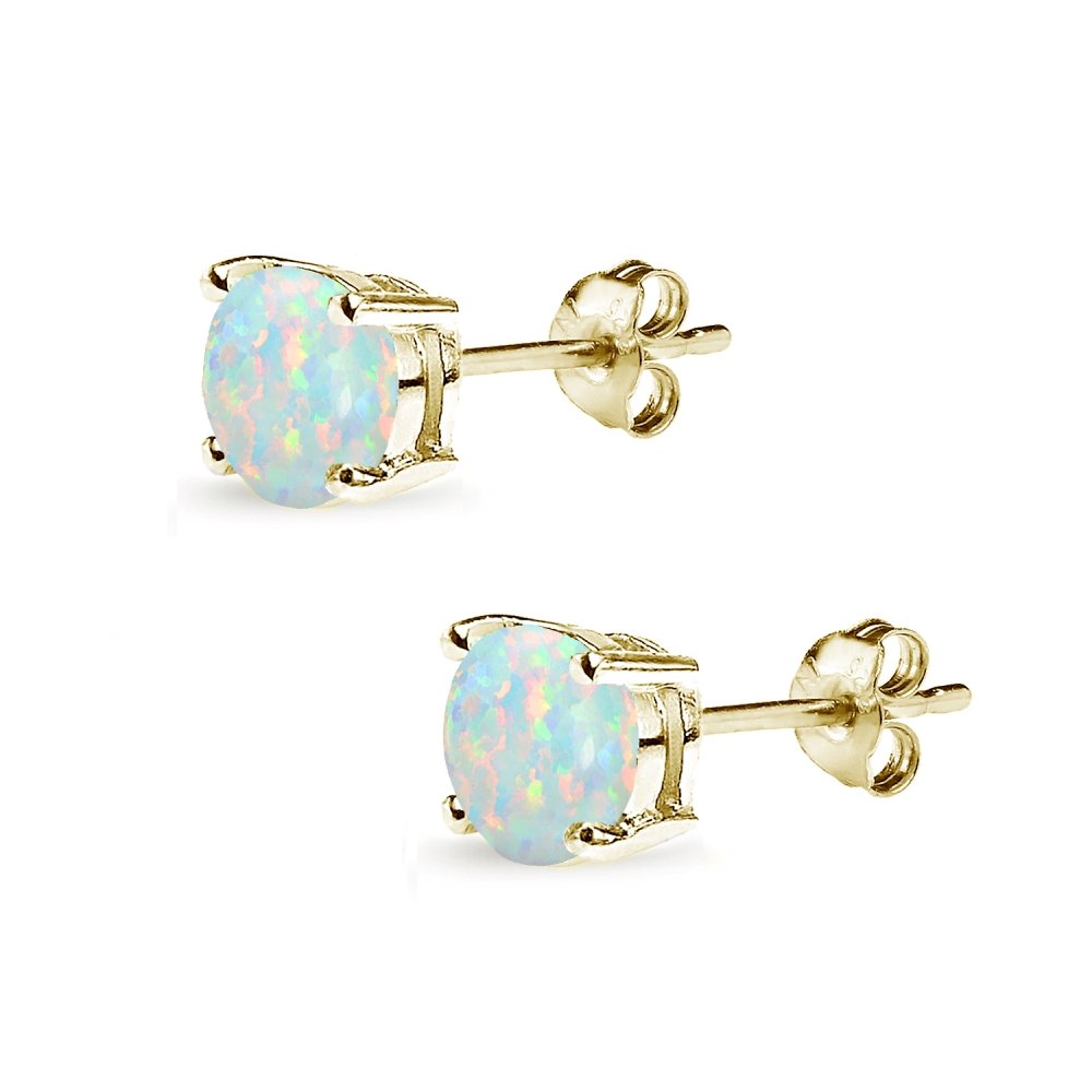 Opal Earrings for Women - Sterling Silver Round-Cut Solitaire Synthetic Stud Earrings - Perfect for Bridesmaids, Prom, Wedding & Everyday Wear