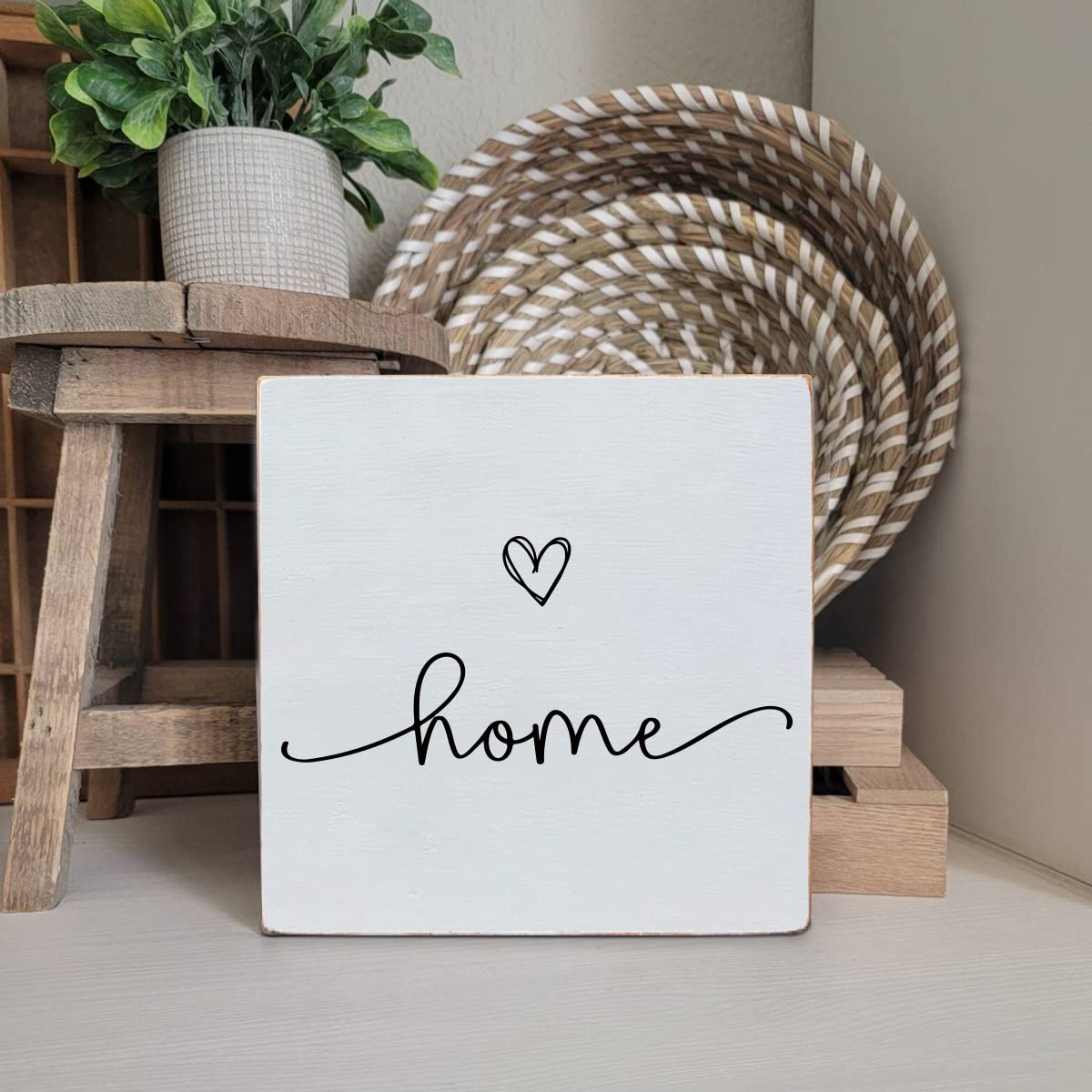 TEOUIOS White Wooden 'Home Sweet Home' Sign - 6x6 Inch Rustic Decorative Box Plaque for Wall, Shelf & Desk Decor - Perfect Housewarming Gift for New Home, Bedroom & Living Room Decorations