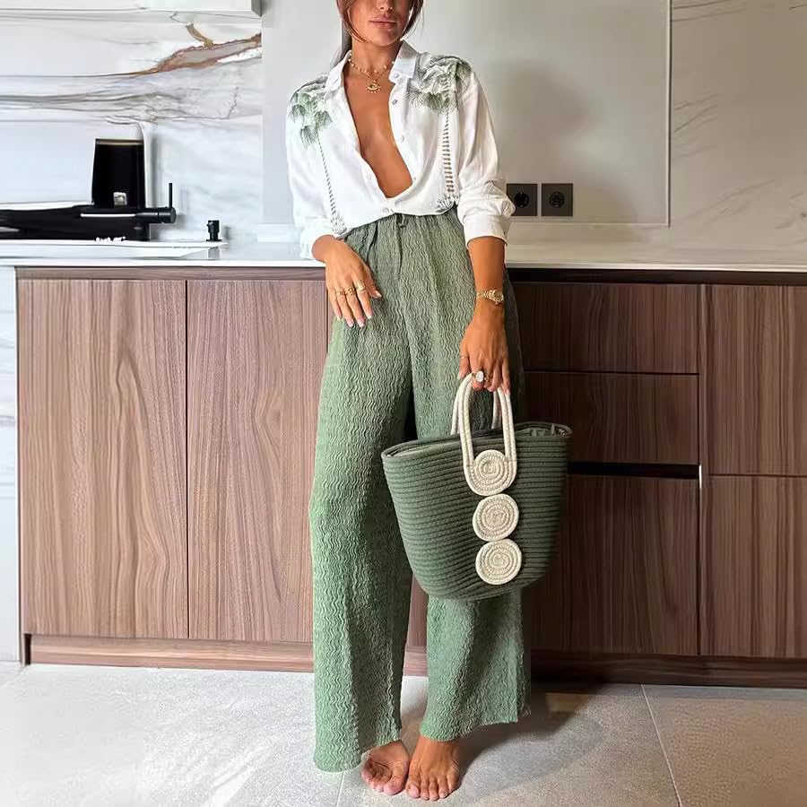 Women's 2-Piece Lounge Set - Soft V-Neck Button Crop Top & Flowy Wide Leg Pants Outfit | Comfy Matching Pajama Set for Home, Yoga & Relaxation