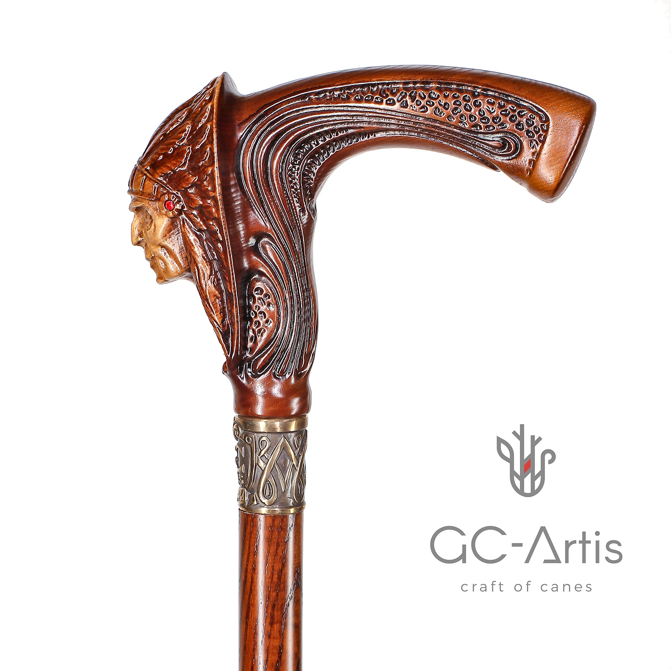 Premium Indian Chief Walking Cane - Handcrafted Black Wooden Shaft with Light Handle (36