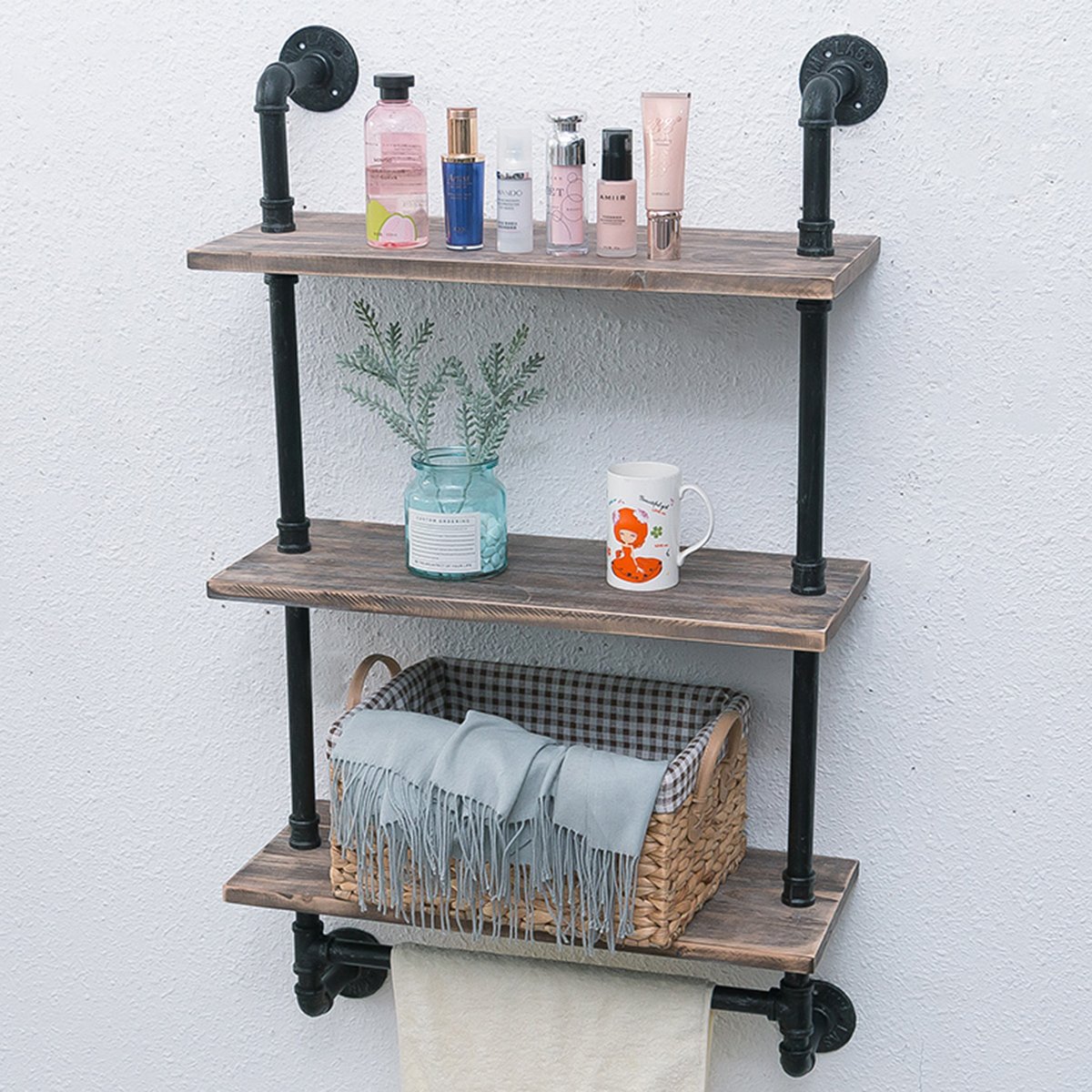 Industrial Pipe Shelf - Rustic Wall Shelf with Towel Bar, 24 Inch Bathroom Towel Rack, 3 Tier Wood Shelving Unit for Bathroom Storage & Farmhouse Decor | Perfect for Small Spaces, Apartment Living & Rustic Home Organization