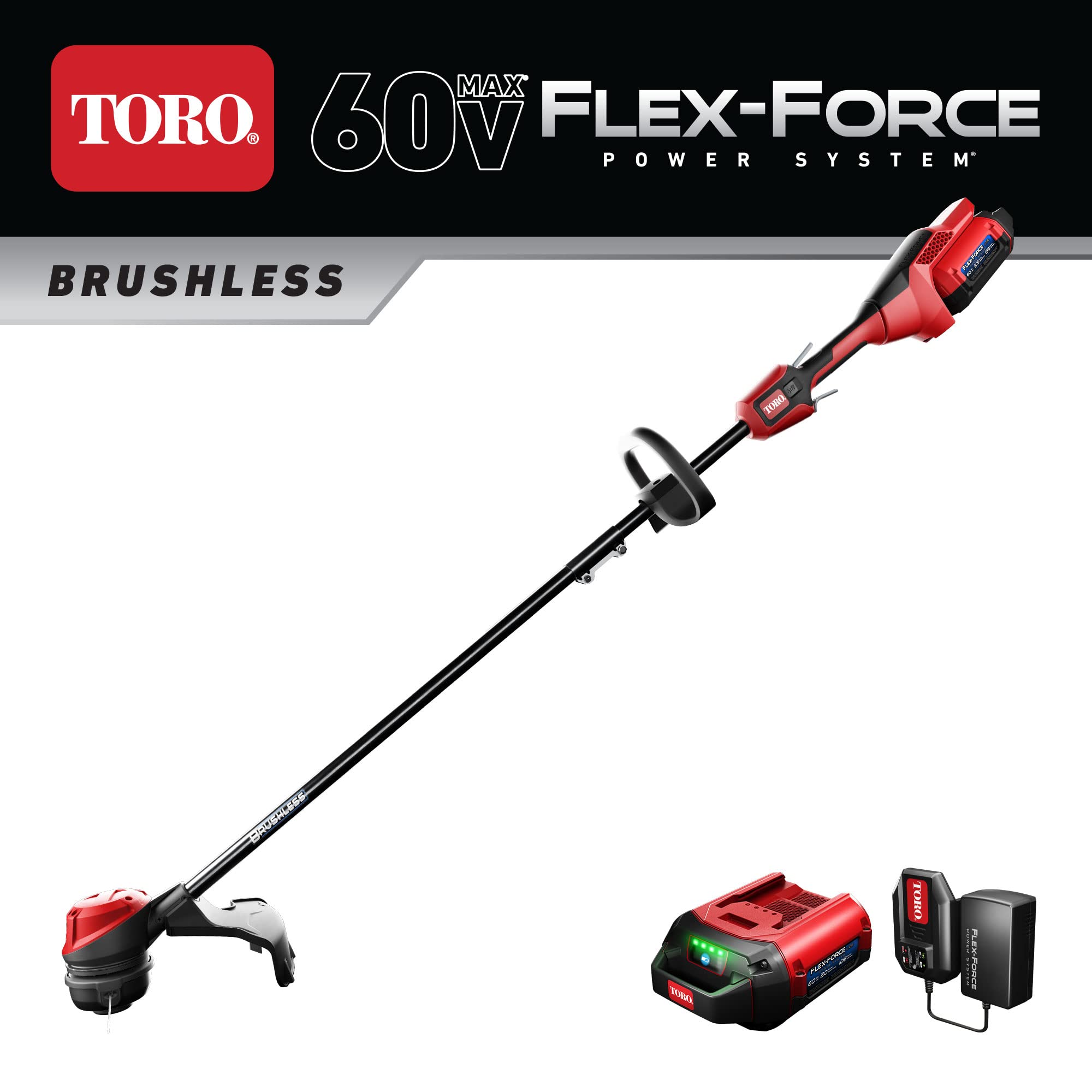 Toro Flex-Force 60V Max Brushless Cordless String Trimmer - 13/15 Inch Electric Weed Eater with 2.0Ah Battery & Charger - Ideal for Lawn Care, Yard Maintenance & Professional Landscaping