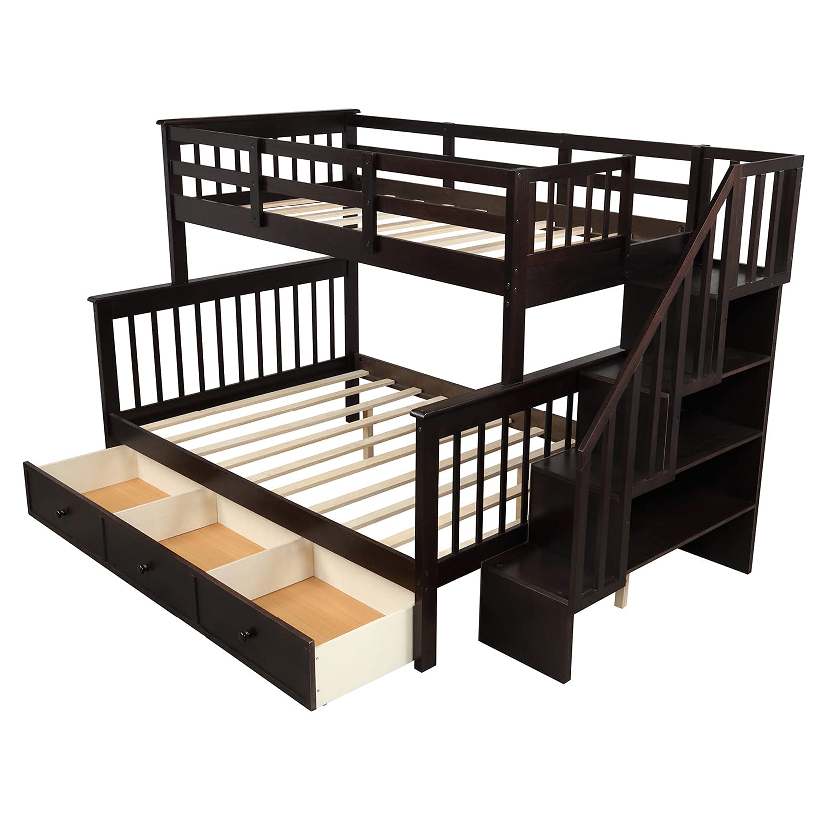 Twin Over Full Bunk Bed with Stairs & Storage - Wooden Frame for Kids Teens - Perfect for Small Bedrooms & Shared Spaces