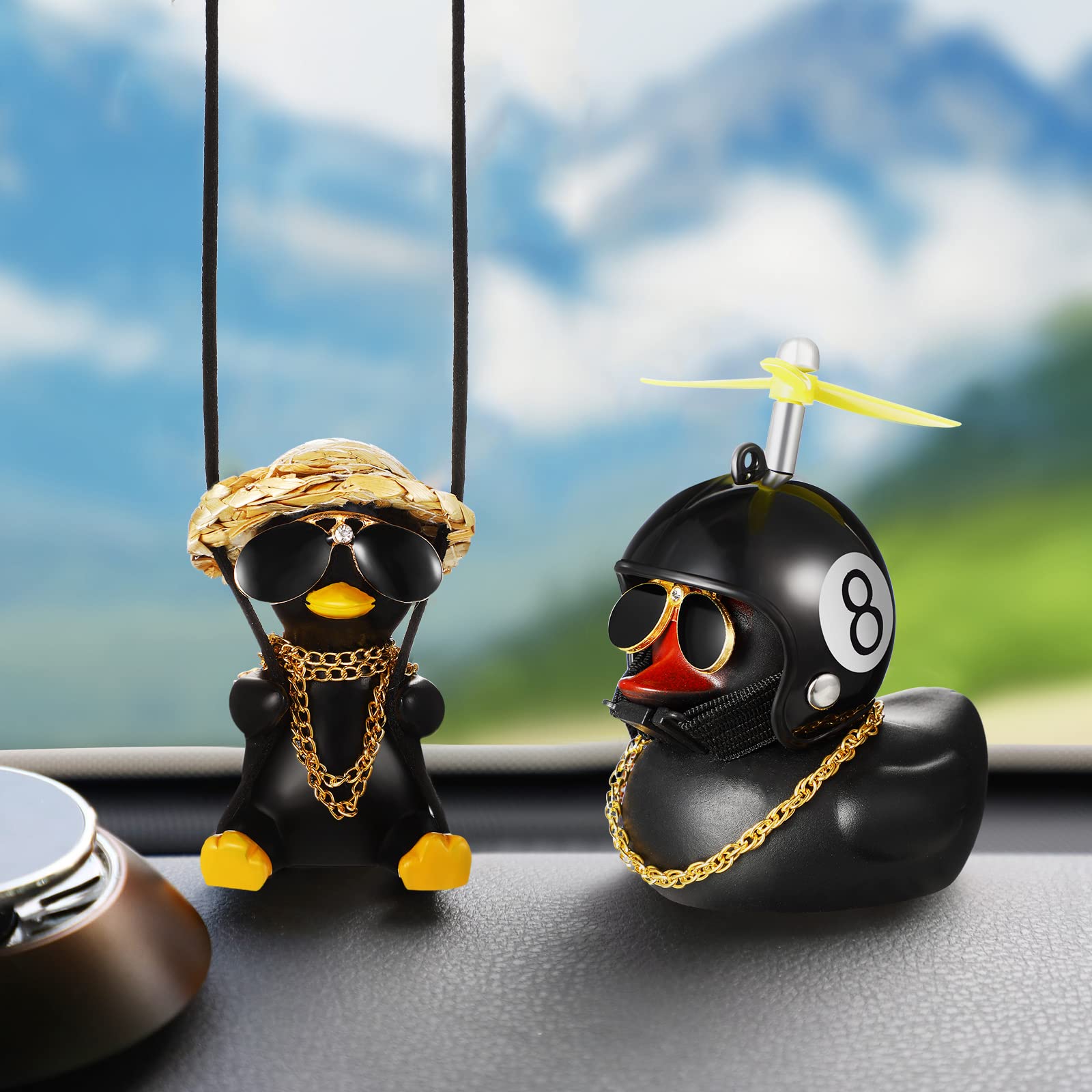 2 Pieces Swinging Duck Car Hanging Ornament - Funny Rubber Duck with Propeller Helmet, Cute Dashboard Decor & Rear View Mirror Pendant for Car Accessories (Black Style) | Perfect for Gifts, Car Enthusiasts & Interior Decoration