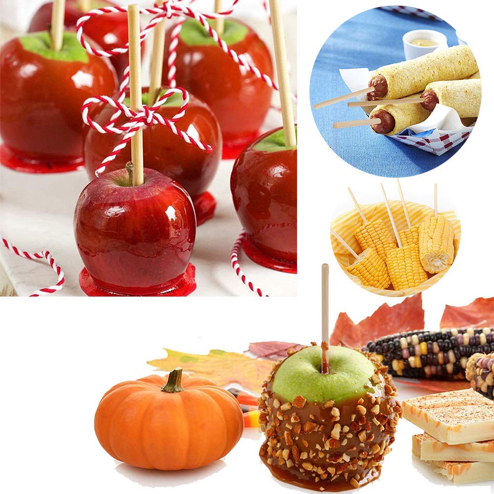 Natural Wooden Candy Apple Skewer Sticks - 6mm x 5.25 Inch Semi-Pointed BBQ Sticks for Caramel Apples, Cotton Candy, Rock Candy, Lollipops & Corn Dogs - Perfect for Halloween Treats, Party Snacks & Summer Barbecues